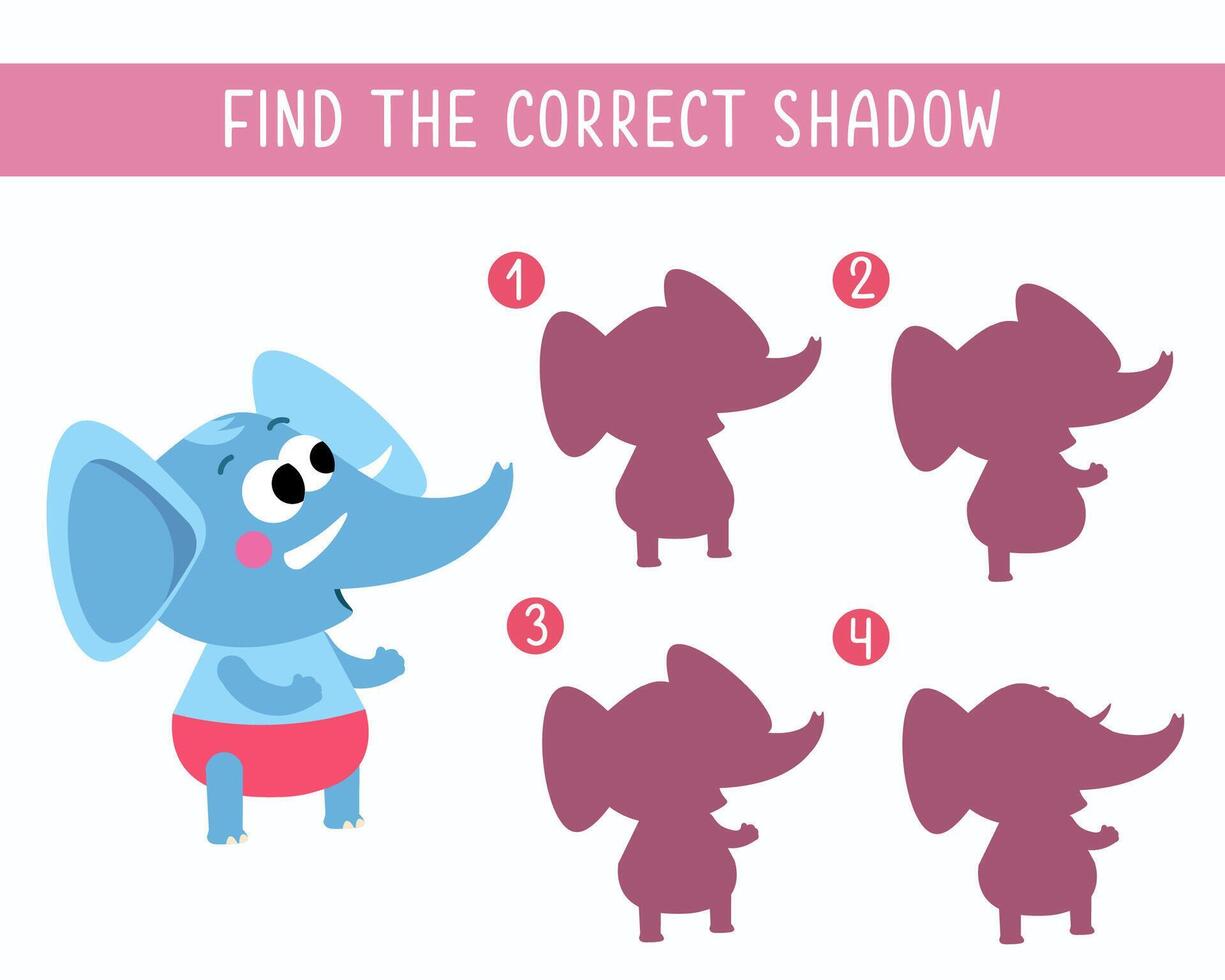 encontrar el Derecha sombra. rompecabezas juego para niños. linda dibujos animados estilo caracteres. elefante. ilustración. vector