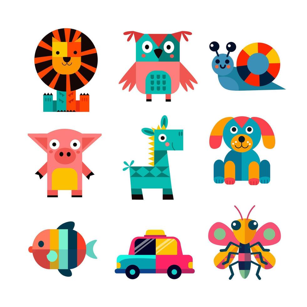 Set of cartoon objects made of geometric shapes isolated on white background. illustration. vector