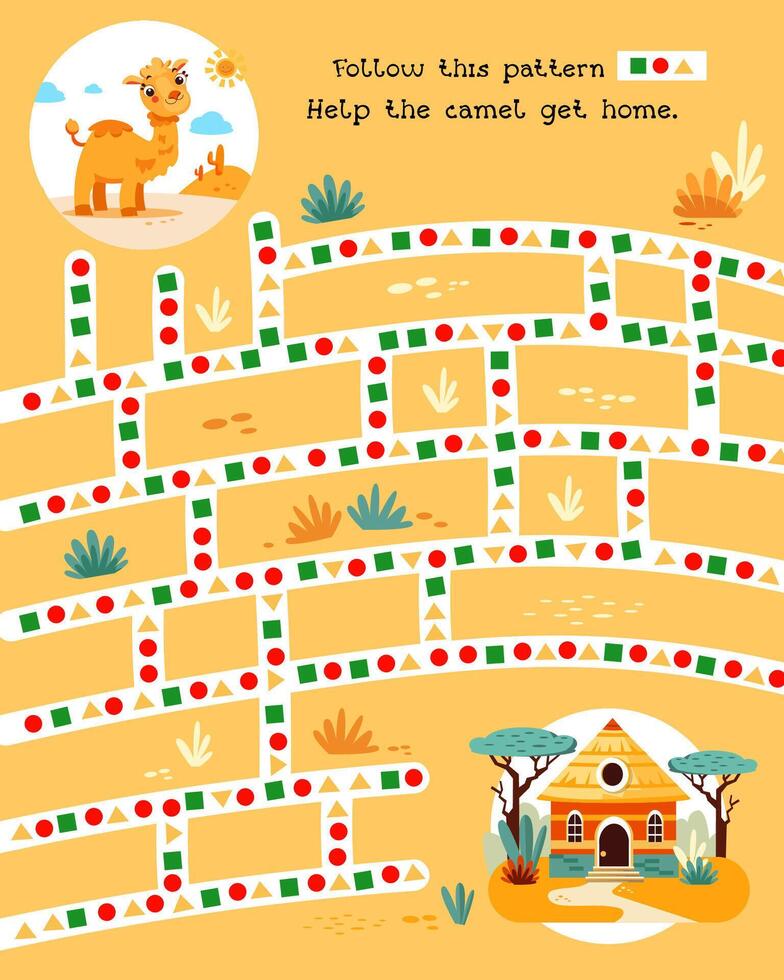 Activity and education. Puzzle maze for kids.Help the camel get home. Flat stylised character. illustration. vector