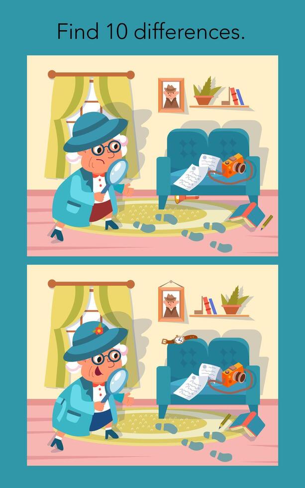 Find 10 differences. Educational puzzle game for kids. Cute cartoon grandmother with magnifying glass. color illustration. Detective and investigation. vector