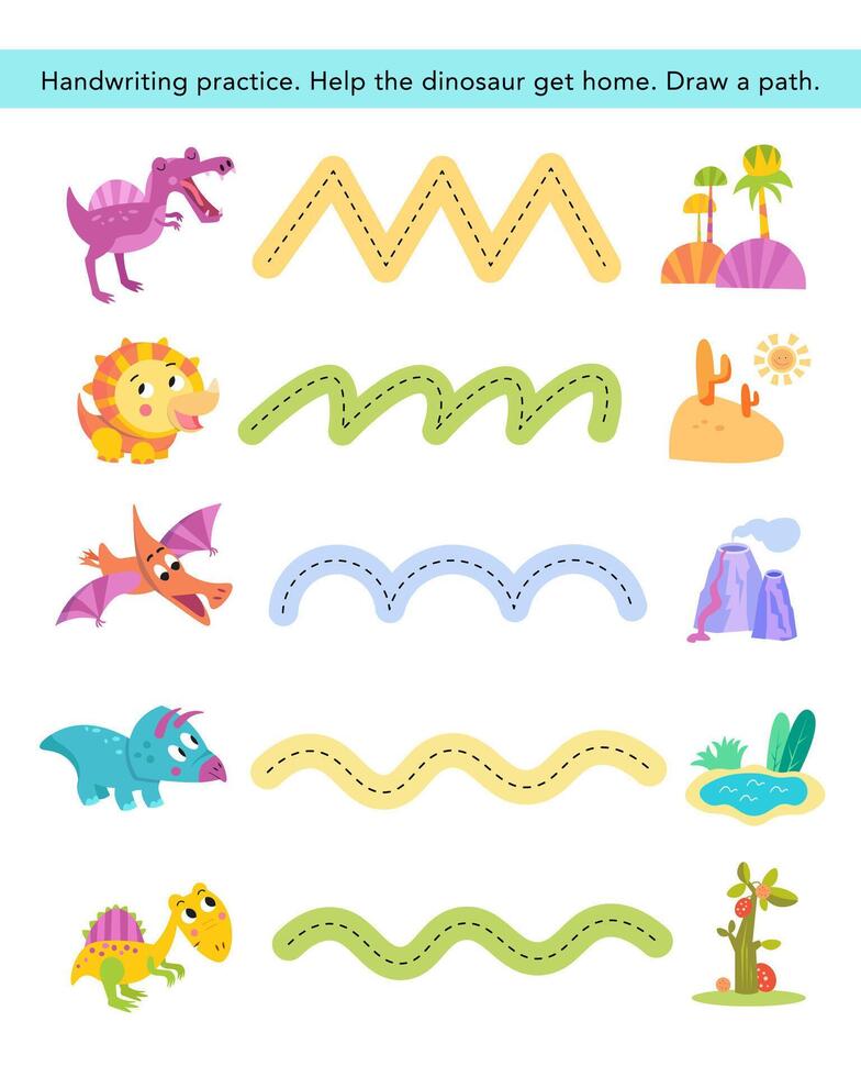 Handwriting practice. Cute dinosaurs and home. Puzzle game for preschool children. Activity for kids. Cartoon illustration. vector