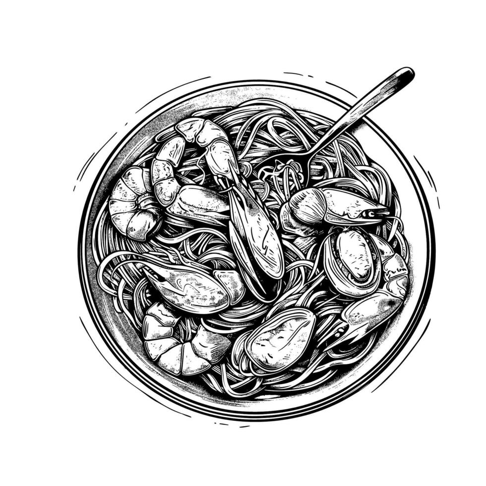 pasta y fruto de mar. alimento. negro y blanco describir. ilustración. vector