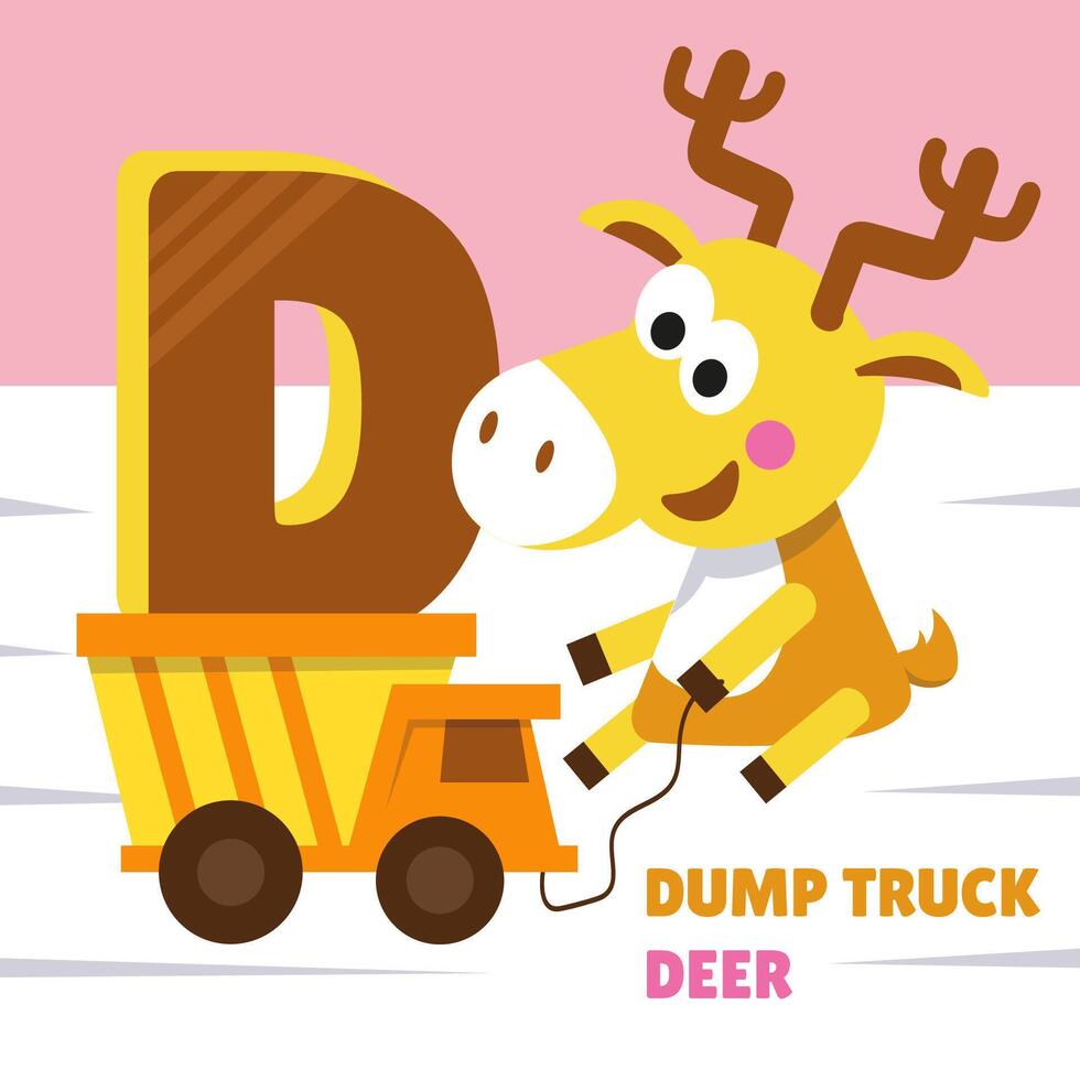 Letter D. Alphabet, card with cute cartoon style characters. Deer and Dump Truck. ABC. Education for children. Preschool activity. illustration. vector