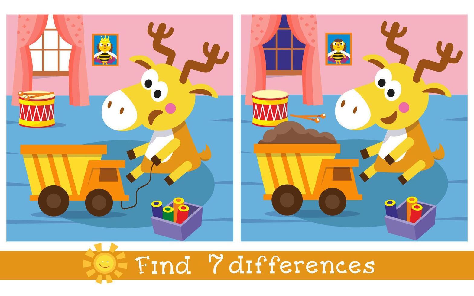 Find 7 differences. Educational puzzle game for children. Cartoon deer and dump truck. Cute animal characters in flat style. flat illustration on background. vector