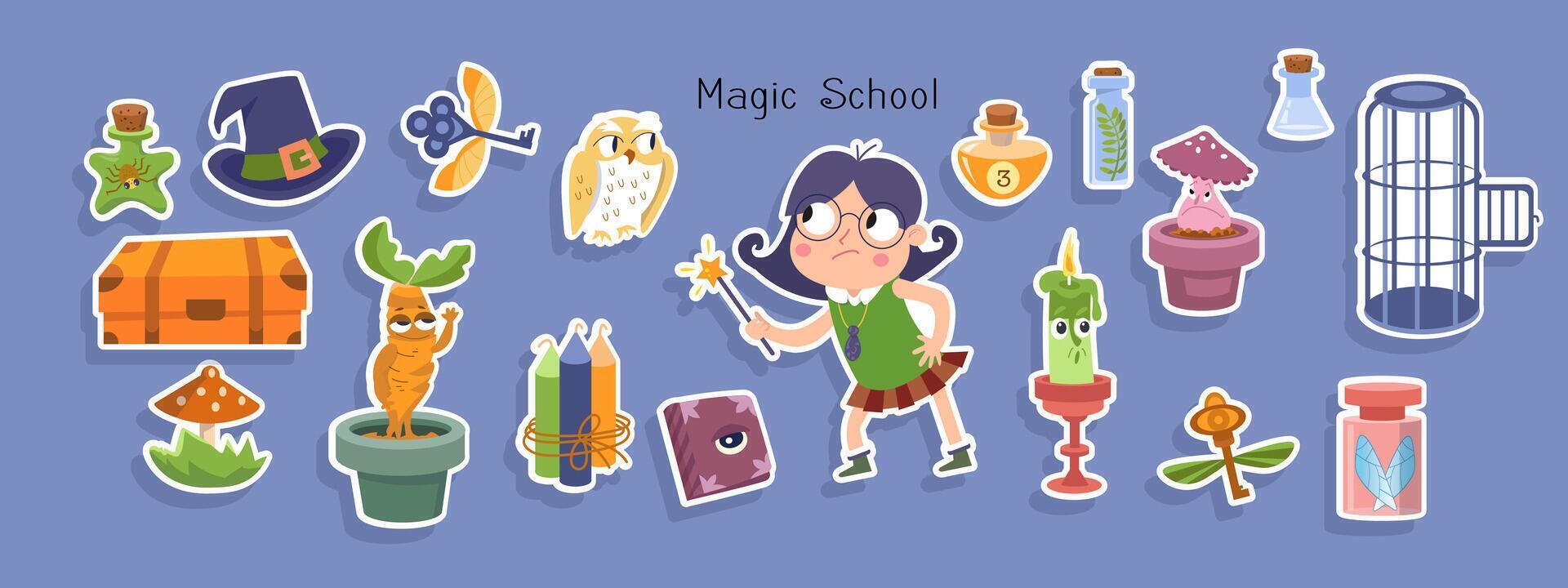 Cute witch girl with magic wand, objects on blue background. Halloween and wizard school. Cartoon stickers for design. illustration vector