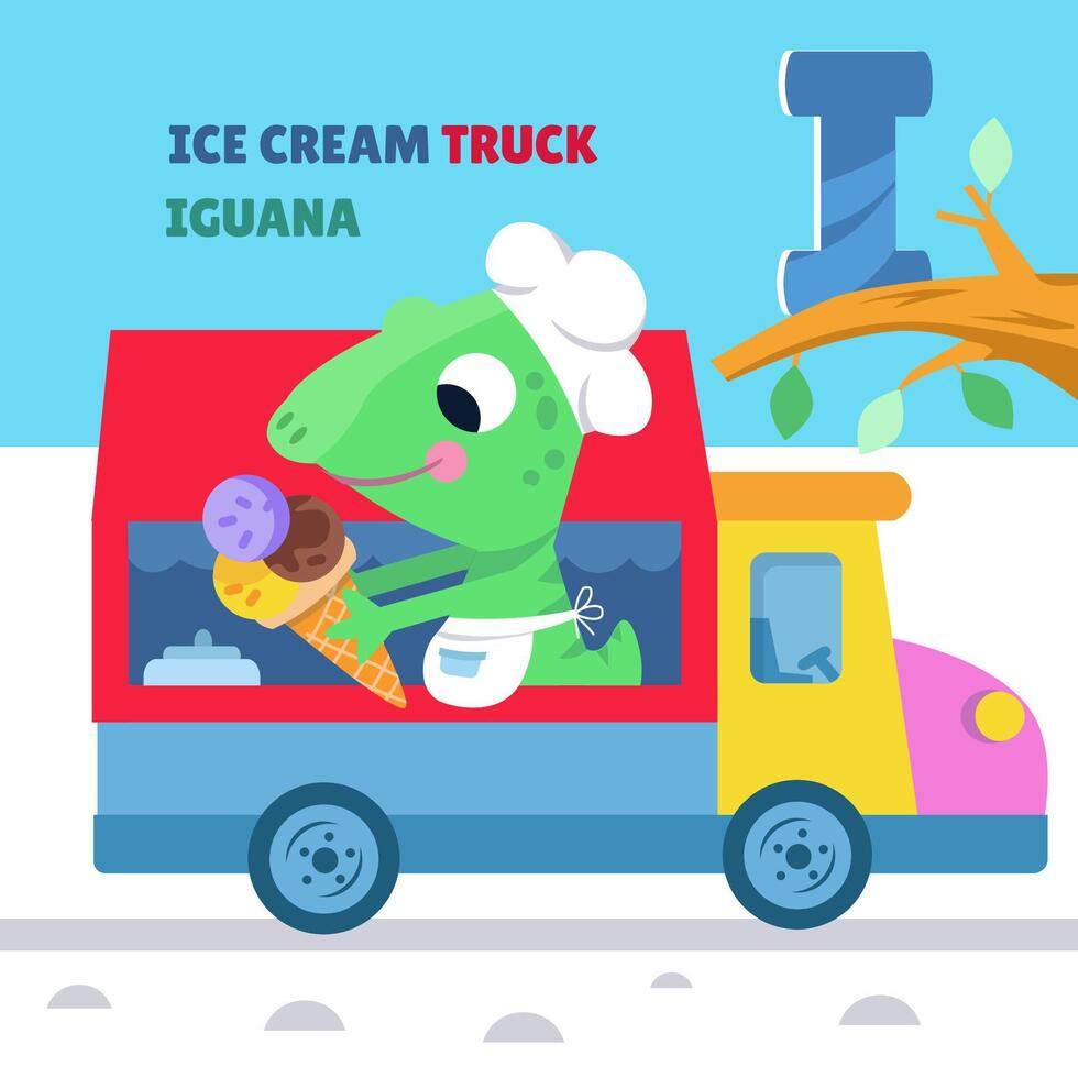 Letter I. Alphabet, card with cute cartoon style characters. Iguana and ice cream truck. ABC. Education for children. Preschool activity. illustration. vector