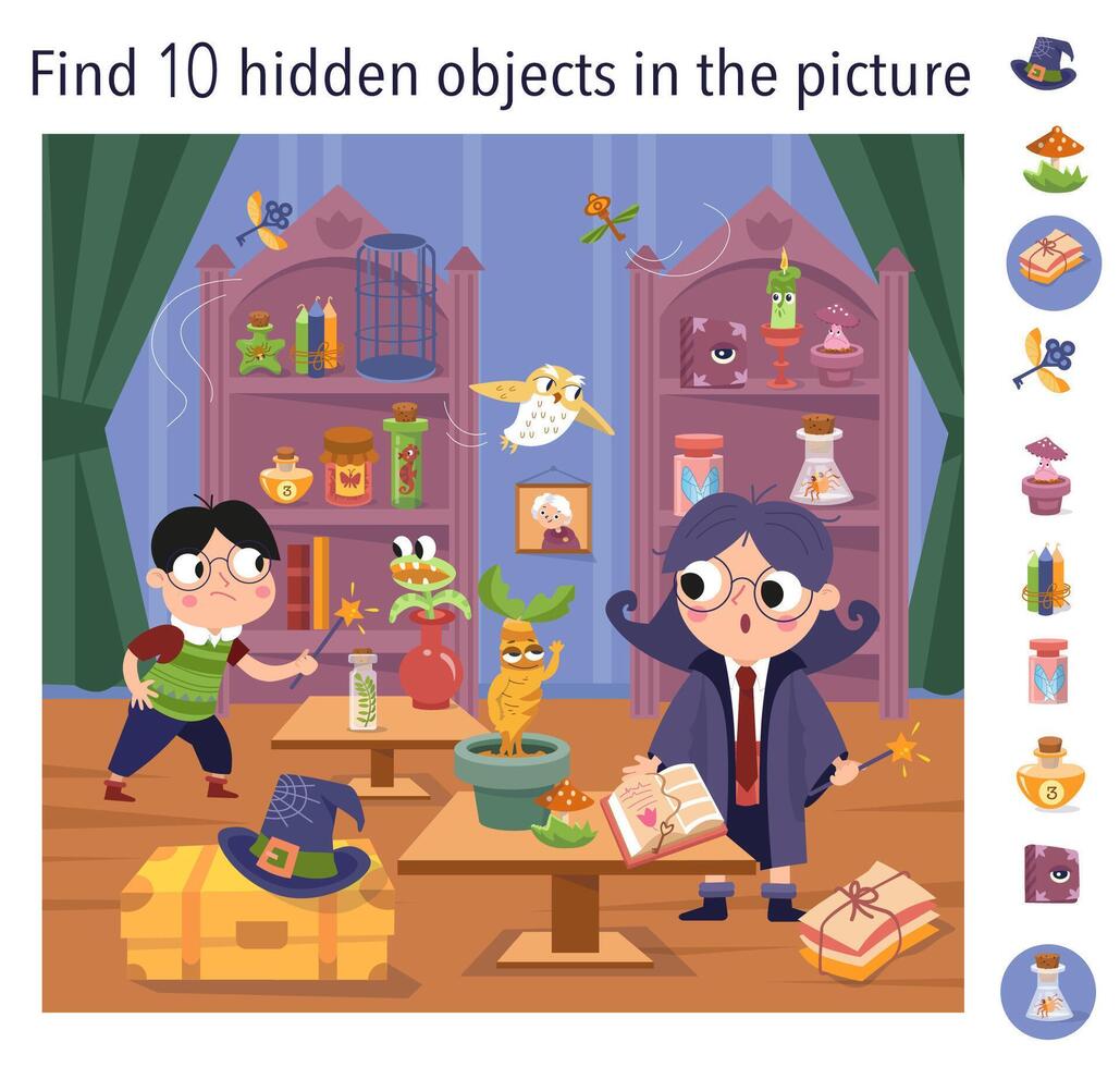 Find 10 hidden objects in picture. Educational game for kids. Cute girl witch and boy with magic wand in wizard school. Interior with objects. illustration vector