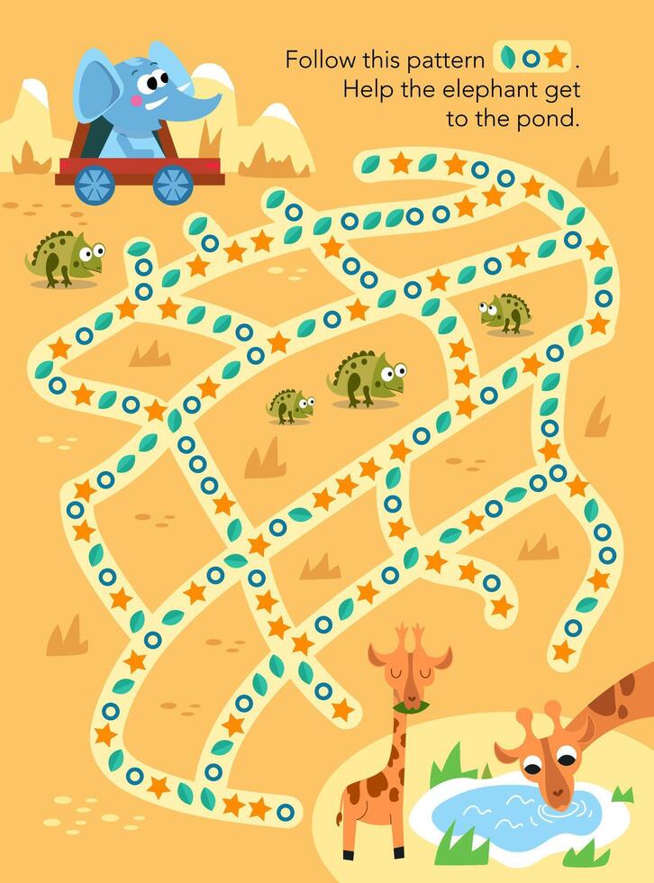 Maze game, activity for children. Follow pattern. illustration. Cute elephant in car. African animals. Cartoon characters. vector