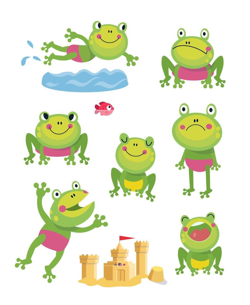 Cartoon frogs in swimming costumes on the beach in summer. Cute characters in flat style. flat isolated illustrations on white background. vector