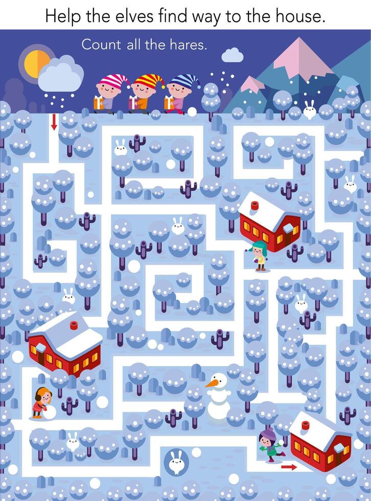 Educational maze game for children. Help elves find way. Count for kids. Christmas puzzle illustration. vector