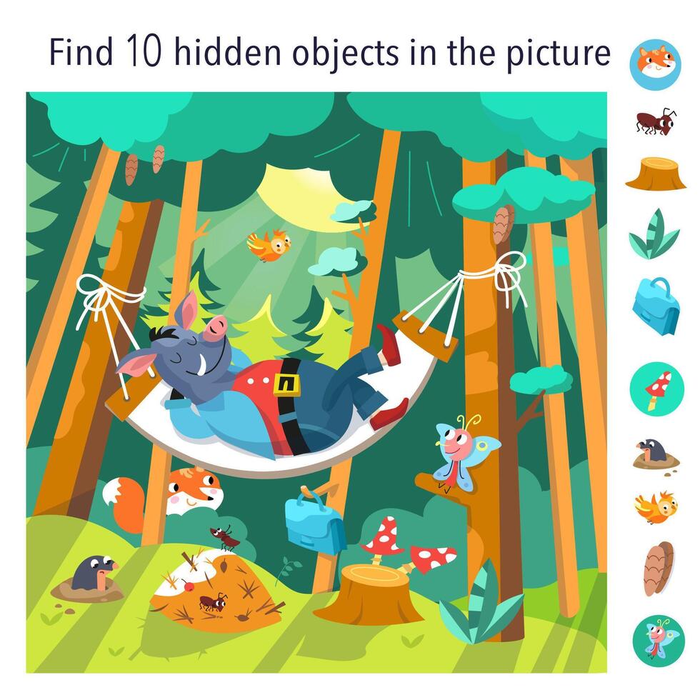 Find 10 hidden objects in picture. Educational game for kids. Cartoon wild boar on hammock in forest. Cute animal characters in flat style. flat illustration on background. Scene for design vector