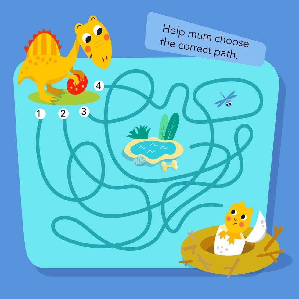 Maze game. Educational puzzle game for kids. Cute flat simple dinosaurs in Jurassic Park. colour illustration. Cartoon scene for design. Prehistoric forest. vector
