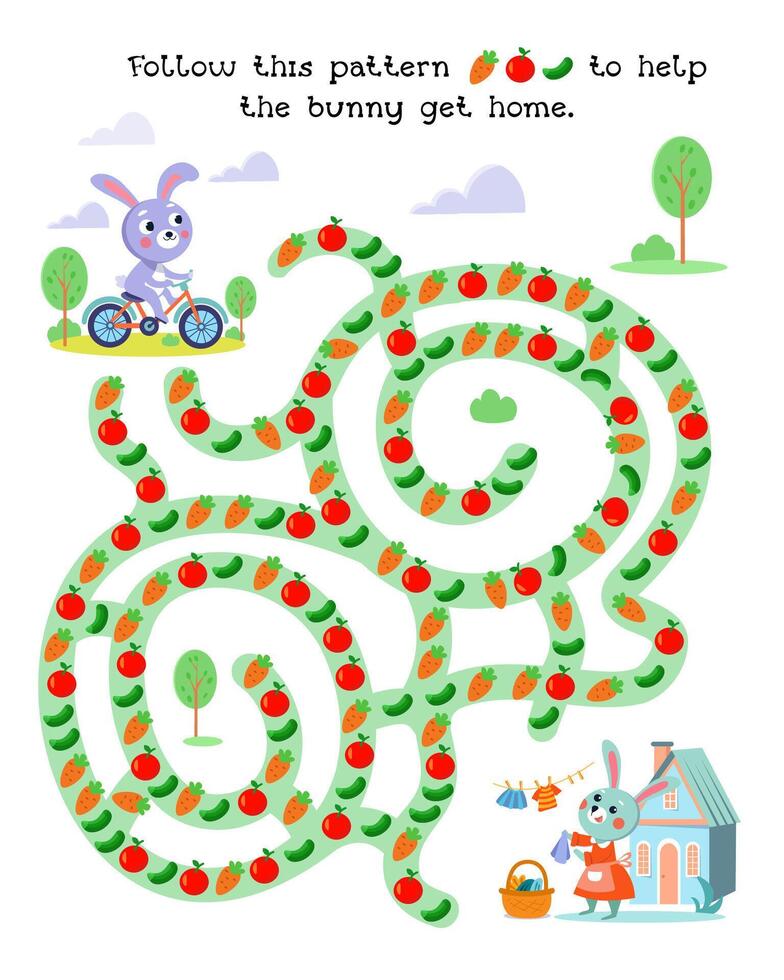 Maze for kids. Activity and Education. Puzzle game for children. Cute cartoon characters. Follow this pattern to help the bunny get home. illustration. vector