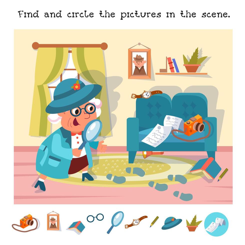 Find the hidden objects in the picture. Educational puzzle game for kids. Cute cartoon grandmother with magnifying glass. colour illustration. Scene for design. Detective and investigation vector