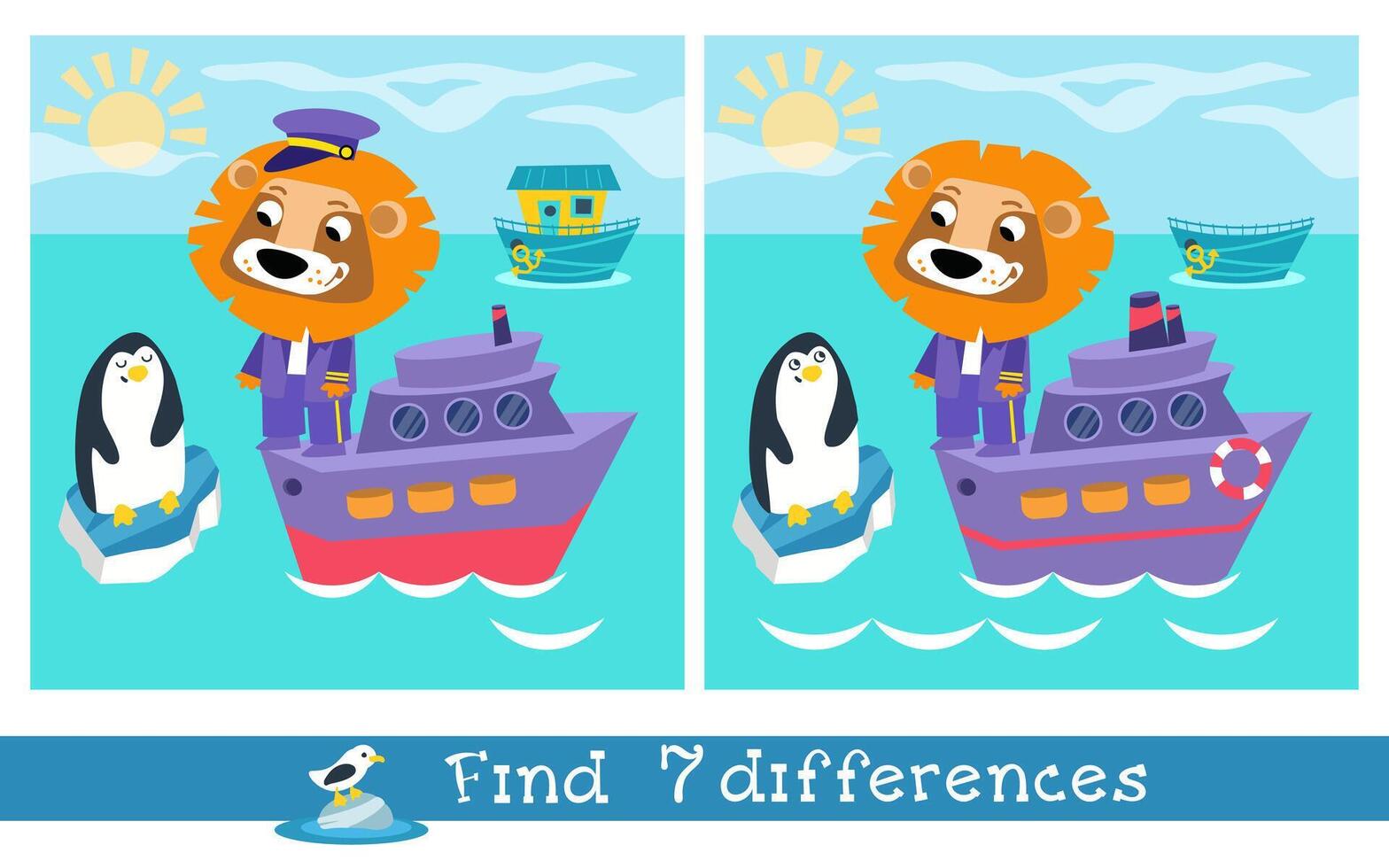 Find 7 differences. Game for children. Card with cute cartoon style characters. Lion captain of ship, liner. Scene for design. Preschool activity. illustration. vector