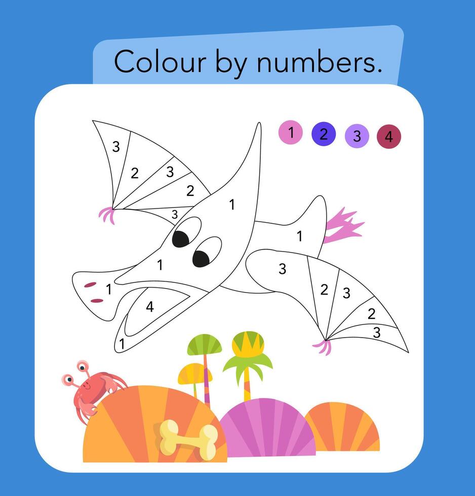 Colour by numbers game. Educational puzzle game for children. Cute flat simple dinosaurs. illustration vector