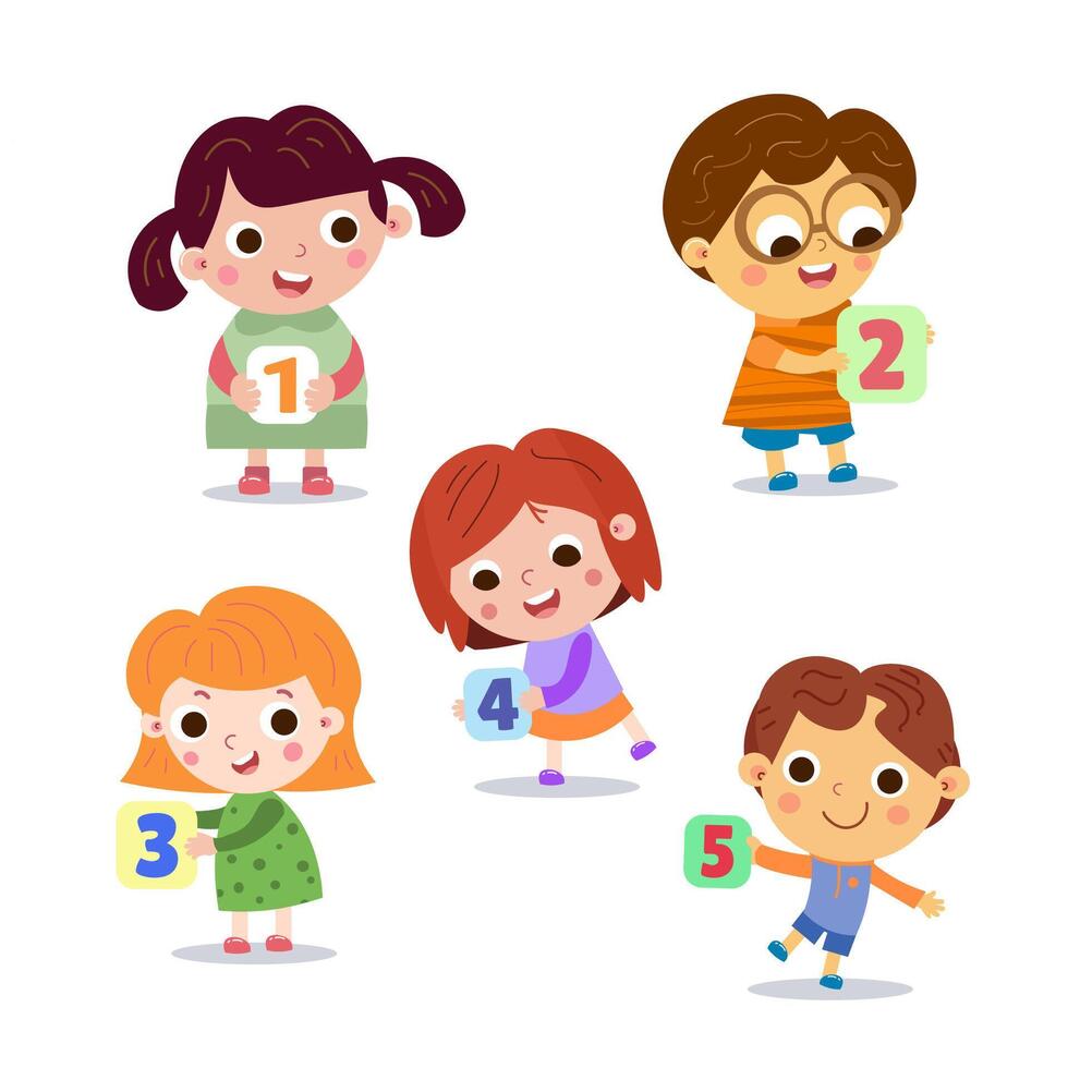 niños con números desde 1 a 5. dibujos animados plano estilo caracteres para diseño. aislado ilustraciones, lleno color. matemáticas para niños. vector