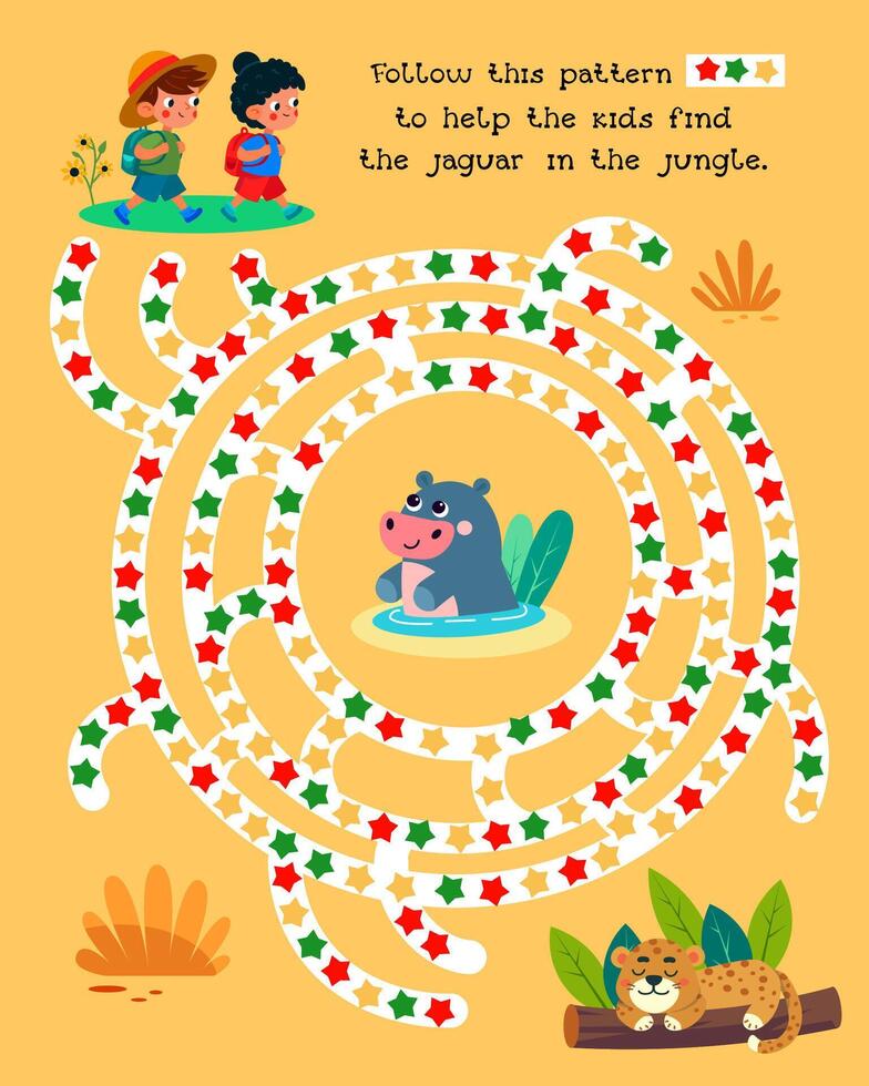 Maze for kids. Activity and Education. Puzzle game for children. Cute cartoon characters. Follow the pattern to help the kids find the jaguar in the jungle. illustration. vector