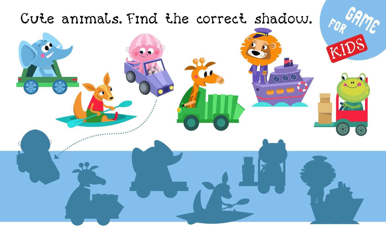 Find the right shadow. Puzzle Game for children. Cute cartoon style characters. Animals and isolated transport on white background. Preschool activity. illustrations. vector