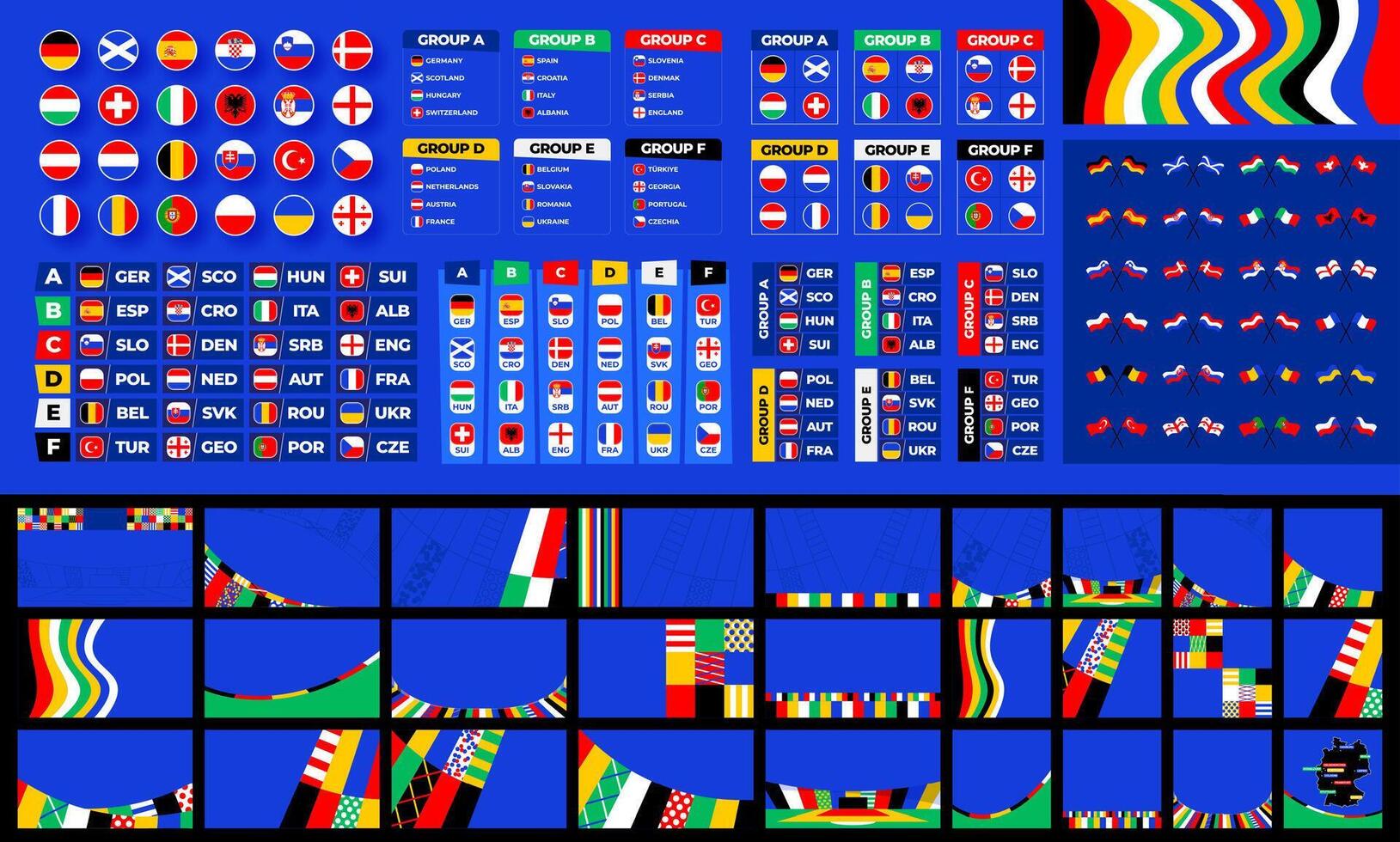 Football cup 2024 social media design kit. Set of illustration for Football soccer cup 2024 background, groups, flags and design elements. vector