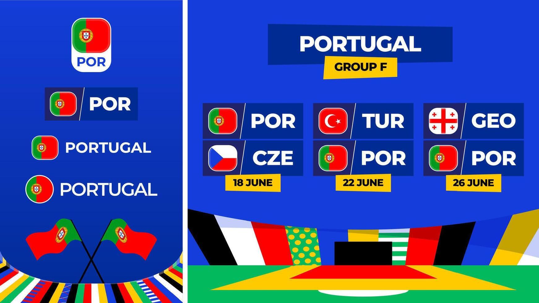 Portugal football 2024 match versus set. National team flag 2024 and group stage championship match versus teams vector