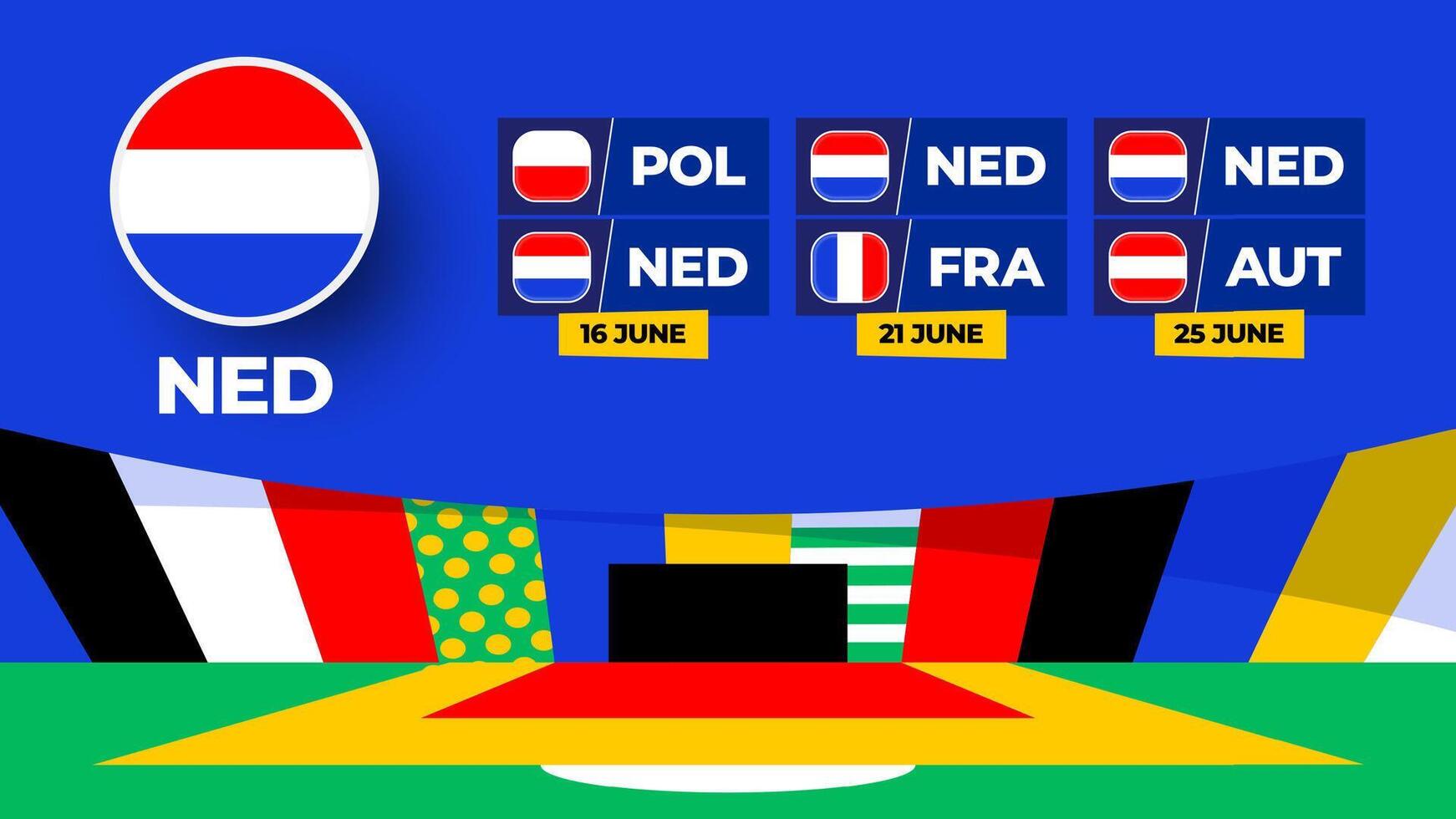 Netherlands football 2024 match versus set. National team flag 2024 and group stage championship match versus teams vector