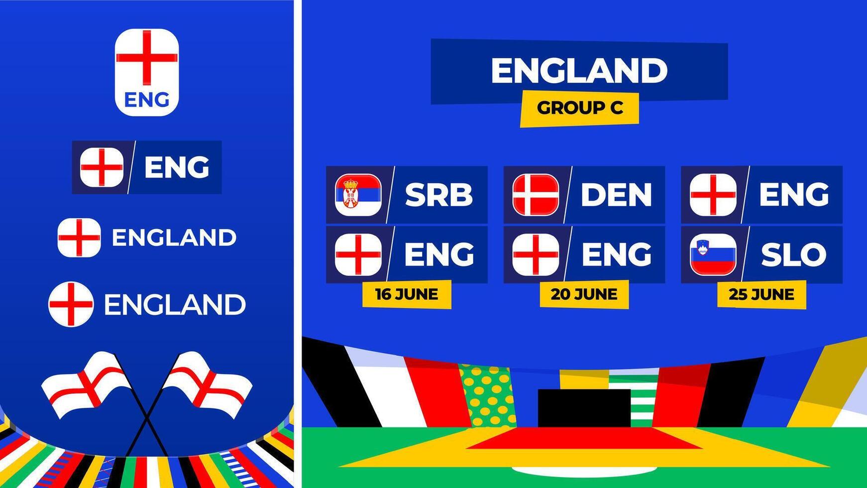 England football 2024 match versus set. National team flag 2024 and group stage championship match versus teams vector