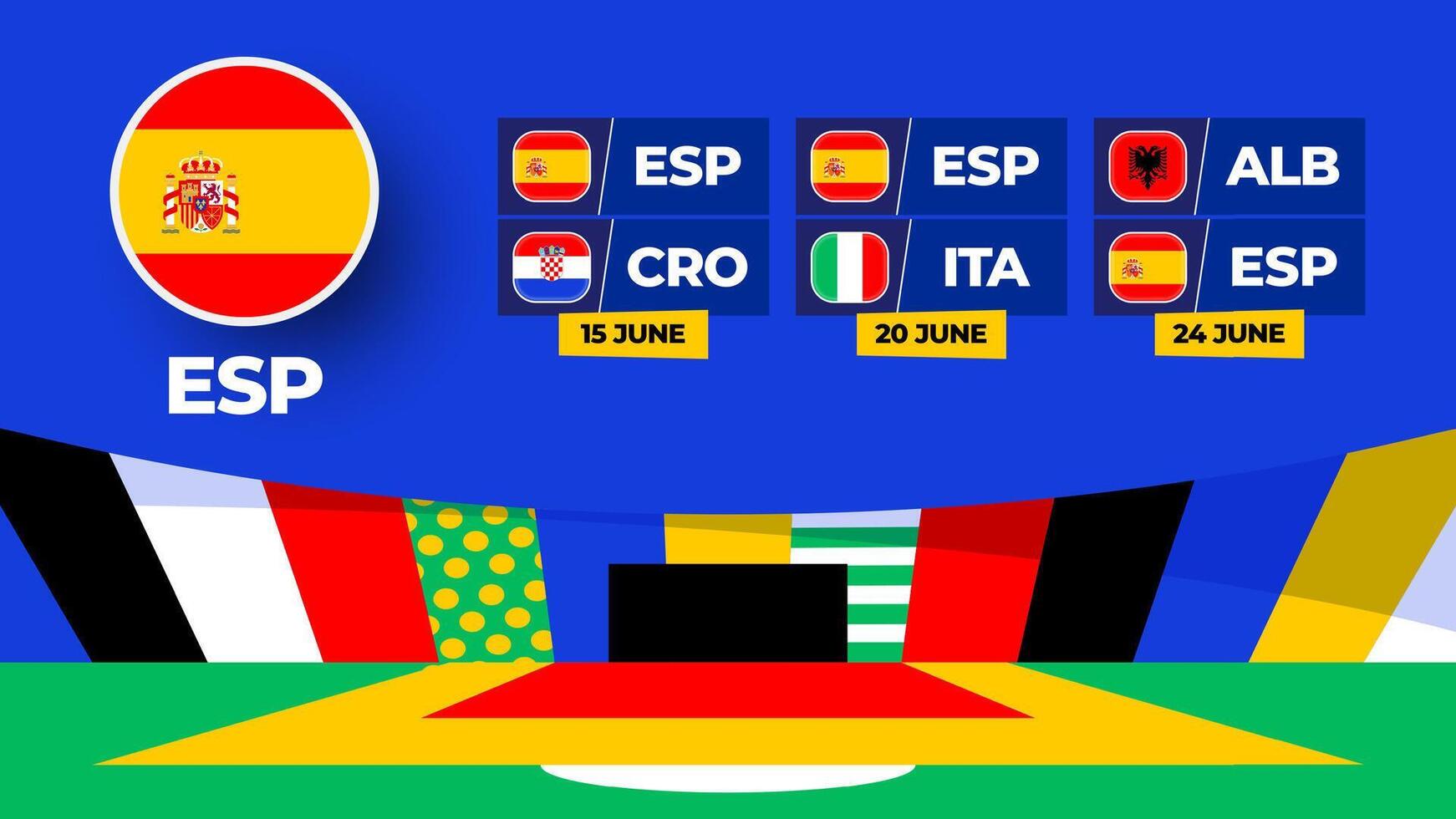 Spain football 2024 match versus set. National team flag 2024 and group stage championship match versus teams vector