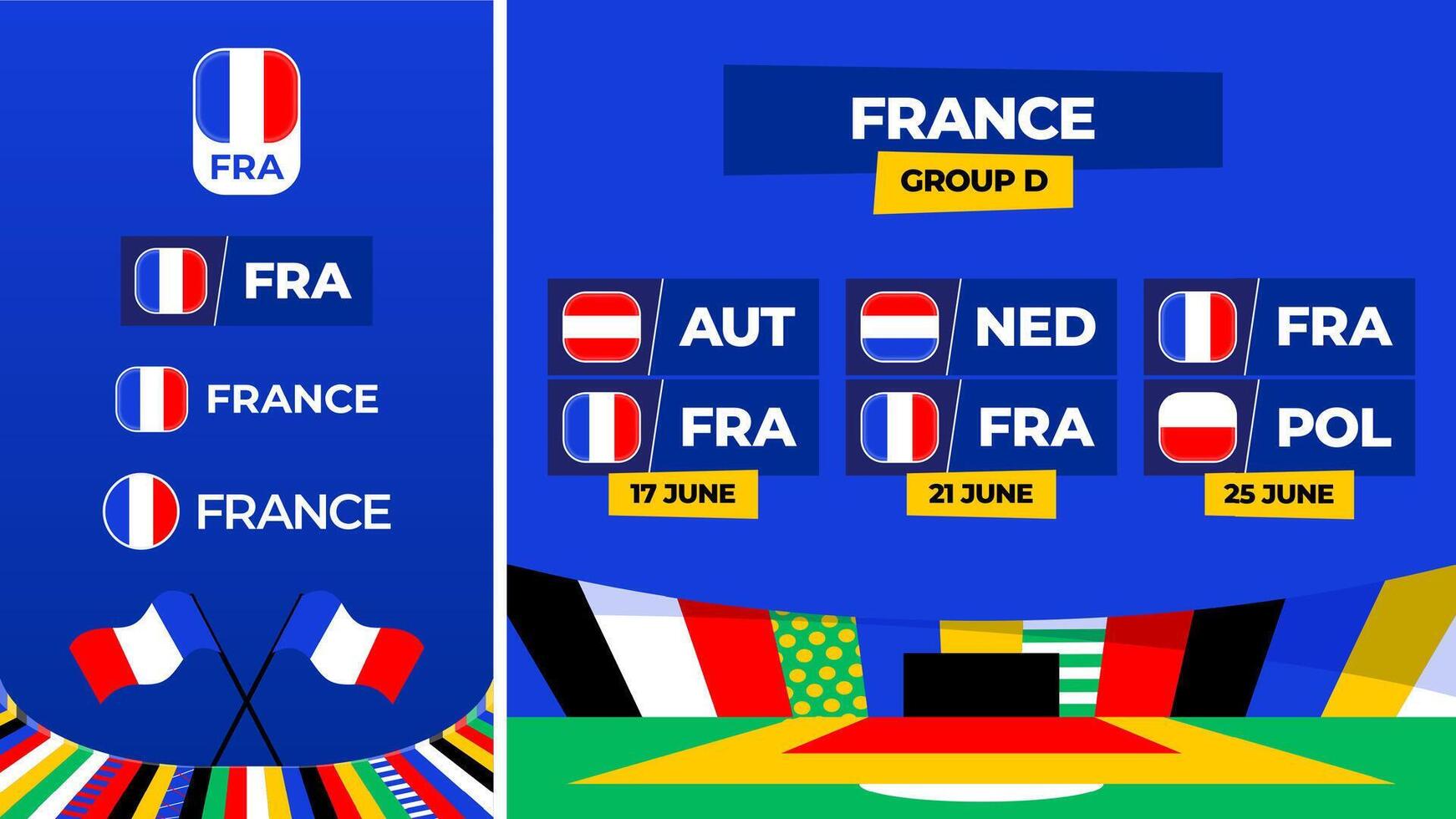Francia fútbol americano 2024 partido versus colocar. nacional equipo bandera 2024 y grupo etapa campeonato partido versus equipos vector