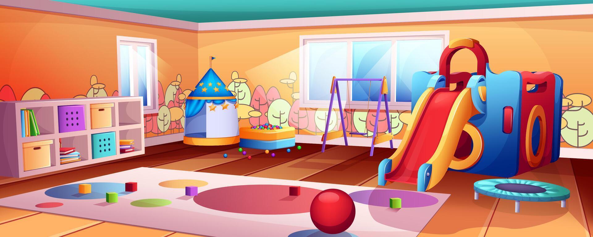 Cartoon kindergarten or children club. Kids playroom interior with slide, swing, trampoline, dry pool with balls. Empty indoors playground, game room in play park. Daycare with toys and child carpet. vector