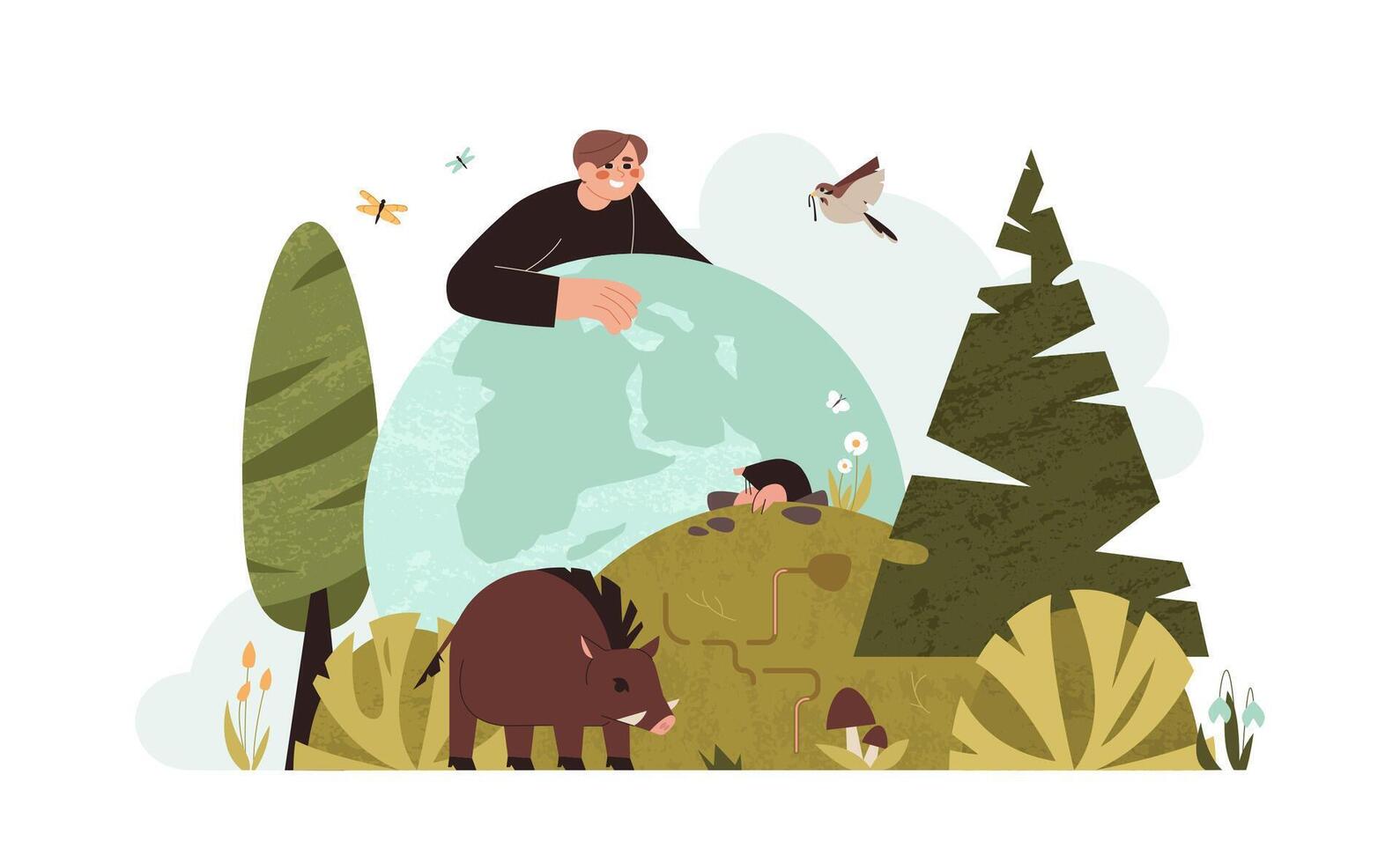 Ecosystem and biodiversity flat illustration. Man care and protection wild animals, mammals, birds, flora and fauna on planet. Saving life of biological species, earth and forest habitats. vector