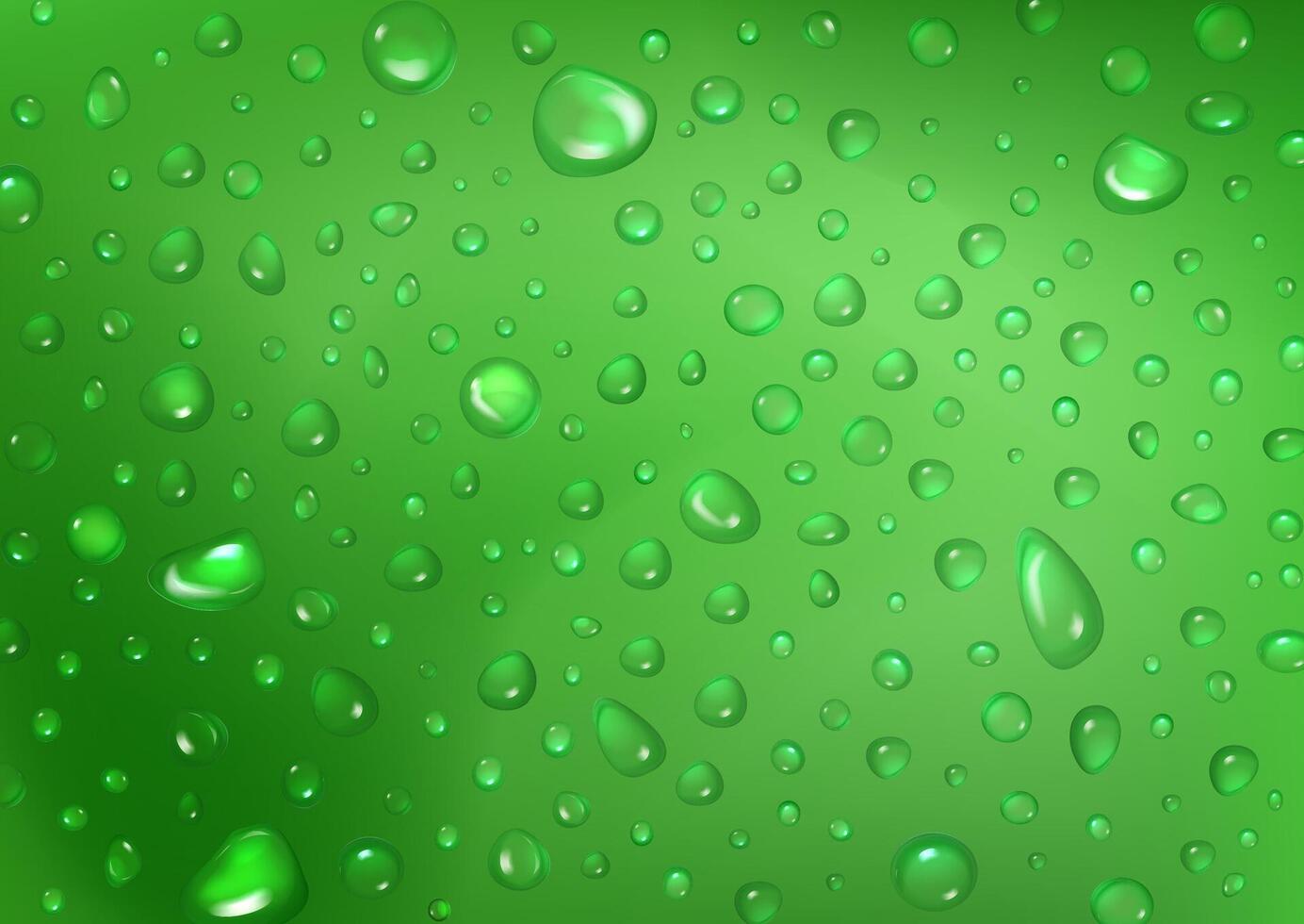 Fresh water drops on green abstract background. Drop wet texture or condensation water on grass color. Pure shining rain droplets, close up backdrop. Realistic 3d illustration vector