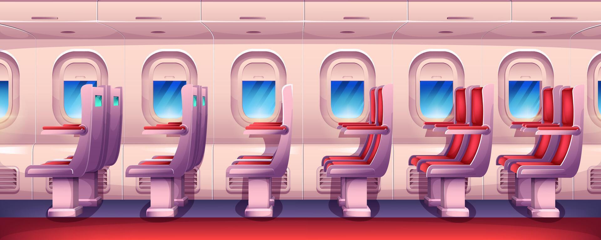 Cartoon empty airplane interior with aircraft windows and red passenger seats in row. Economy class plane cabin inside view with chairs and portholes. Aircraft salon armchairs for jet trip. vector