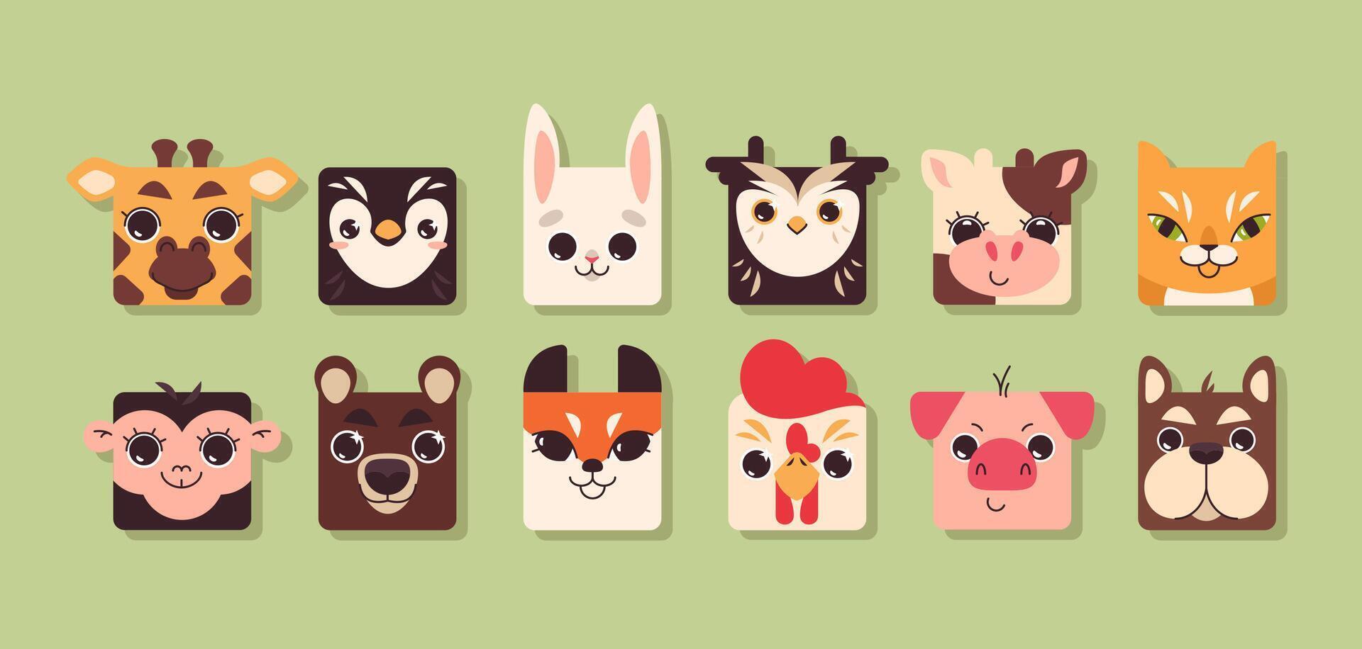 Flat cute square animal faces avatar. Pig, cow, giraffe, owl, monkey, dog, cat, fox, monkey, penguin, bear, rabbit and rooster zoo ui design elements for kids. Kid set of pet, wild or safari animals. vector