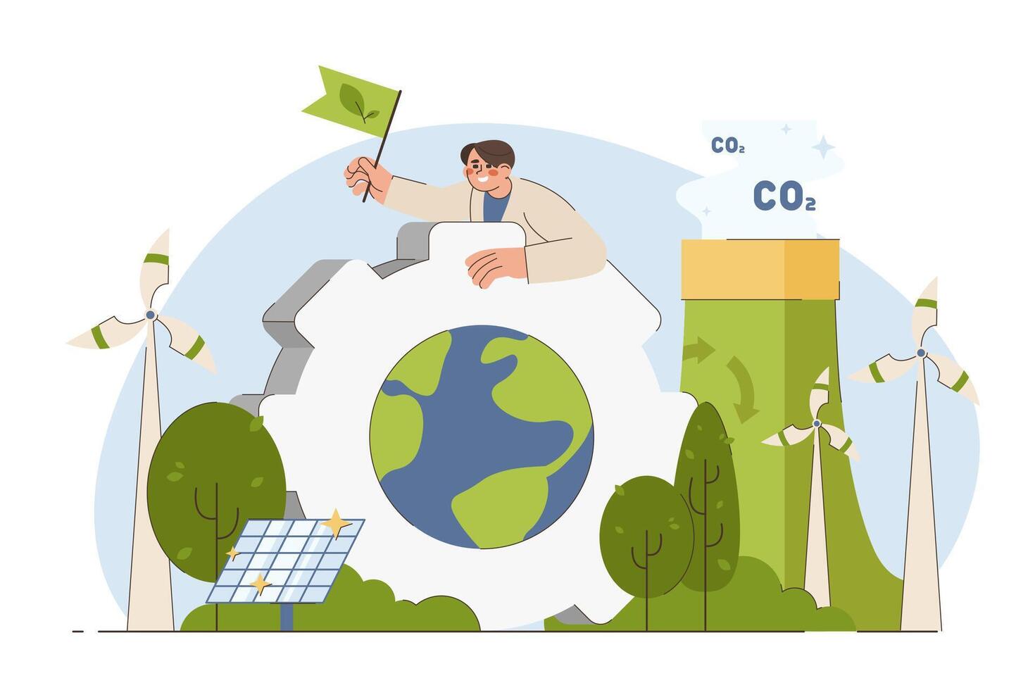 ESG flat concept. Environmental, social and governance in sustainability company. Man with earth and alternative green energy sources for preserving resources of planet. Wind turbines and solar panels vector