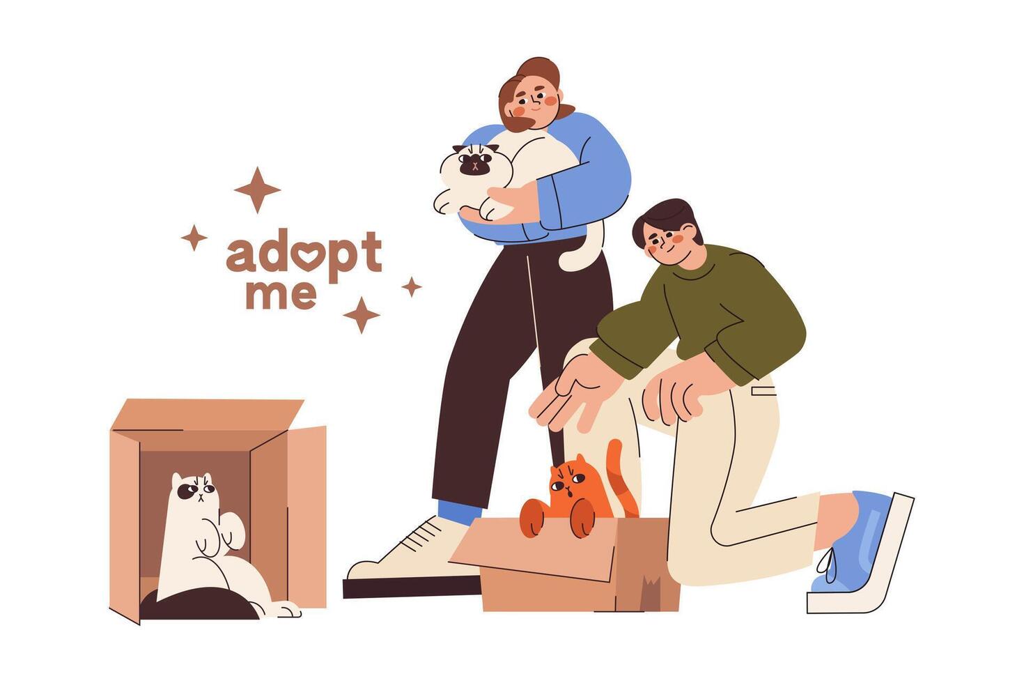 Flat young people adopting cat from animal shelter. Happy owners rescue, help and adopt pet. Girl hold and hug kitten, fluffy ginger kitty hiding in box. Adoption of homeless feline from stray center. vector