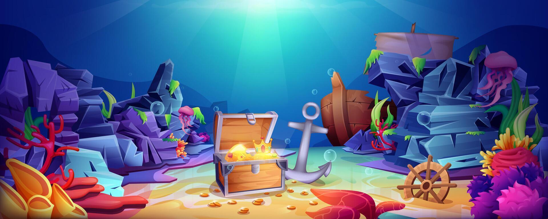 Cartoon underwater world with open pirate treasure chest. Sunken wooden box with golden crown, shining coins and gems. Sea sandy bottom with wealth in ocean. Wreck ship and old anchor on deep seabed. vector