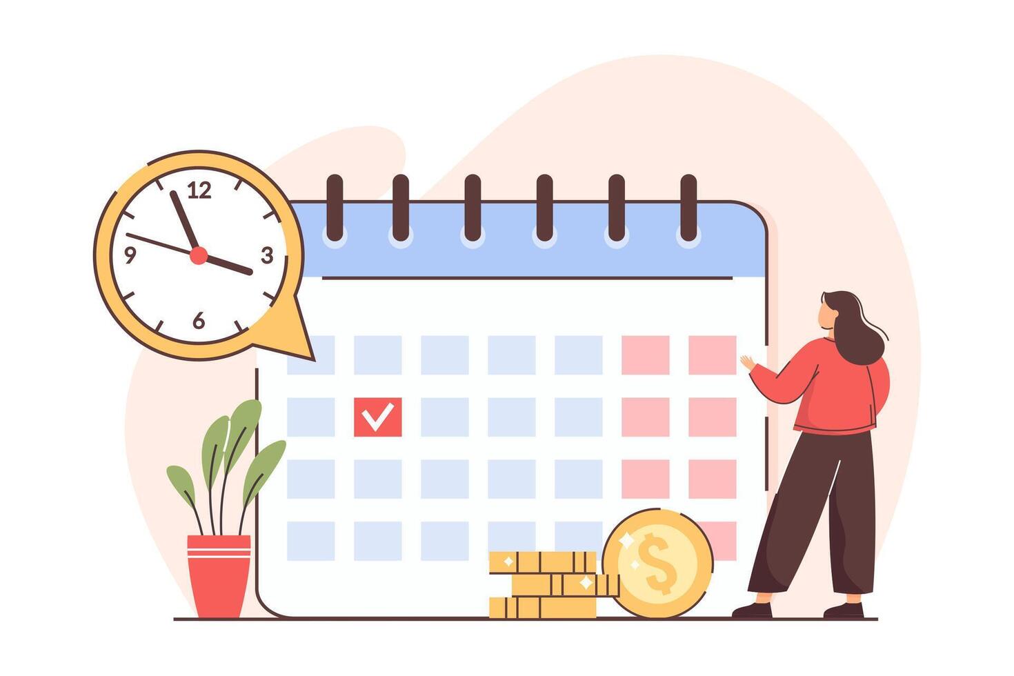 plano personal financiero cuenta pago calendario. mujer cheque pagar calendario o nómina de sueldos. impuesto, préstamo, fecha límite deuda o ingresos debido fecha concepto. día de paga en hora para empleado. mensual presupuesto o salario planificación. vector