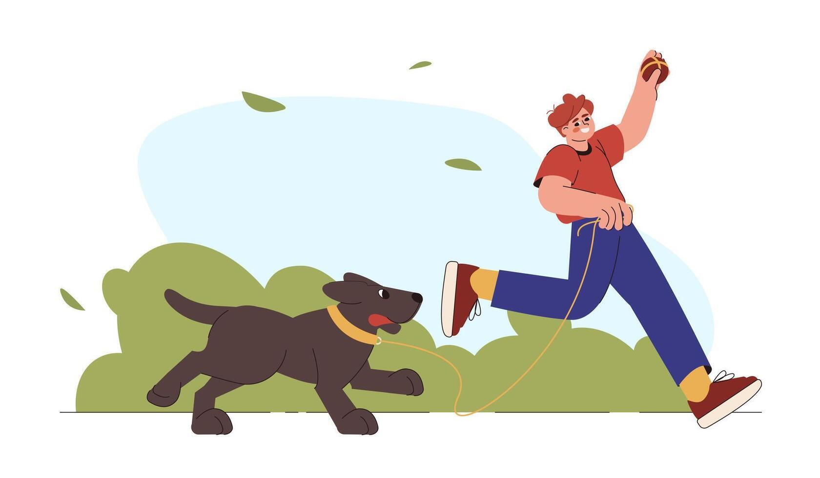 Flat young man walks with dog on leash in city park. Boy owner and happy cute domestic animal play and spend time together. Playful puppy enjoy outdoor activity. Pet walking service concept. vector