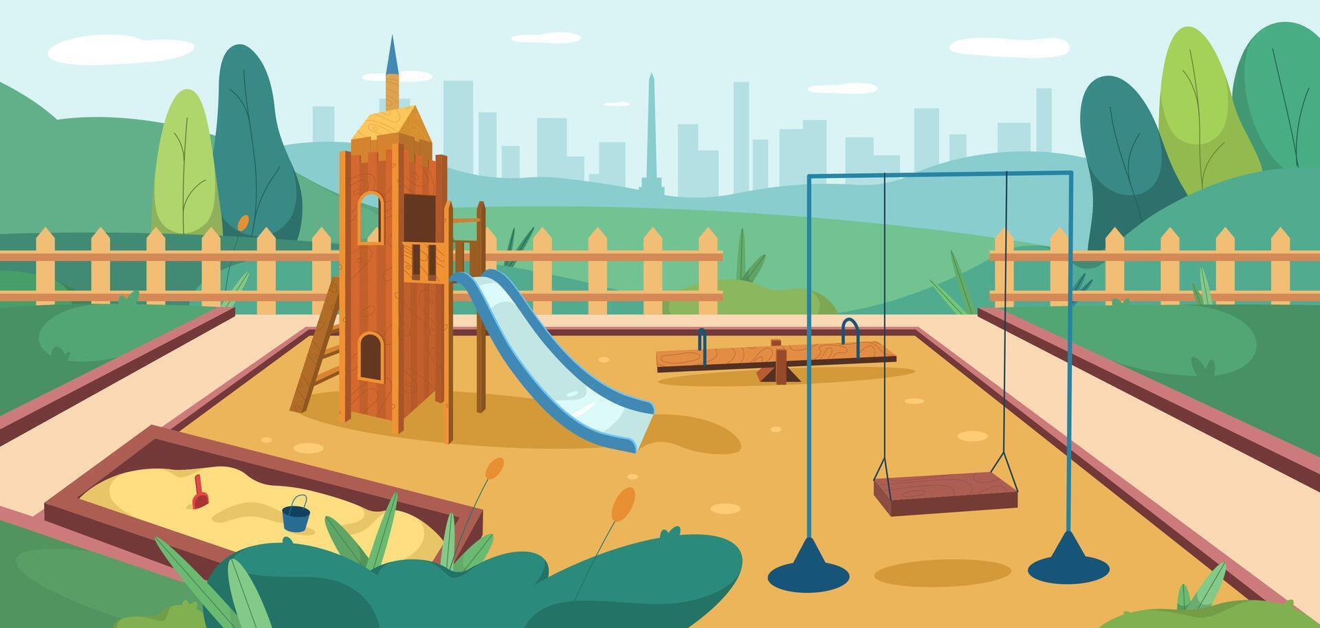 plano niños patio de recreo en parque con salvadera, diapositiva y balancearse. al aire libre jugar suelo con mina de arena, de madera balancín y control deslizante para niños juegos. verano público niño zona en verde césped para jugando, recreación. vector