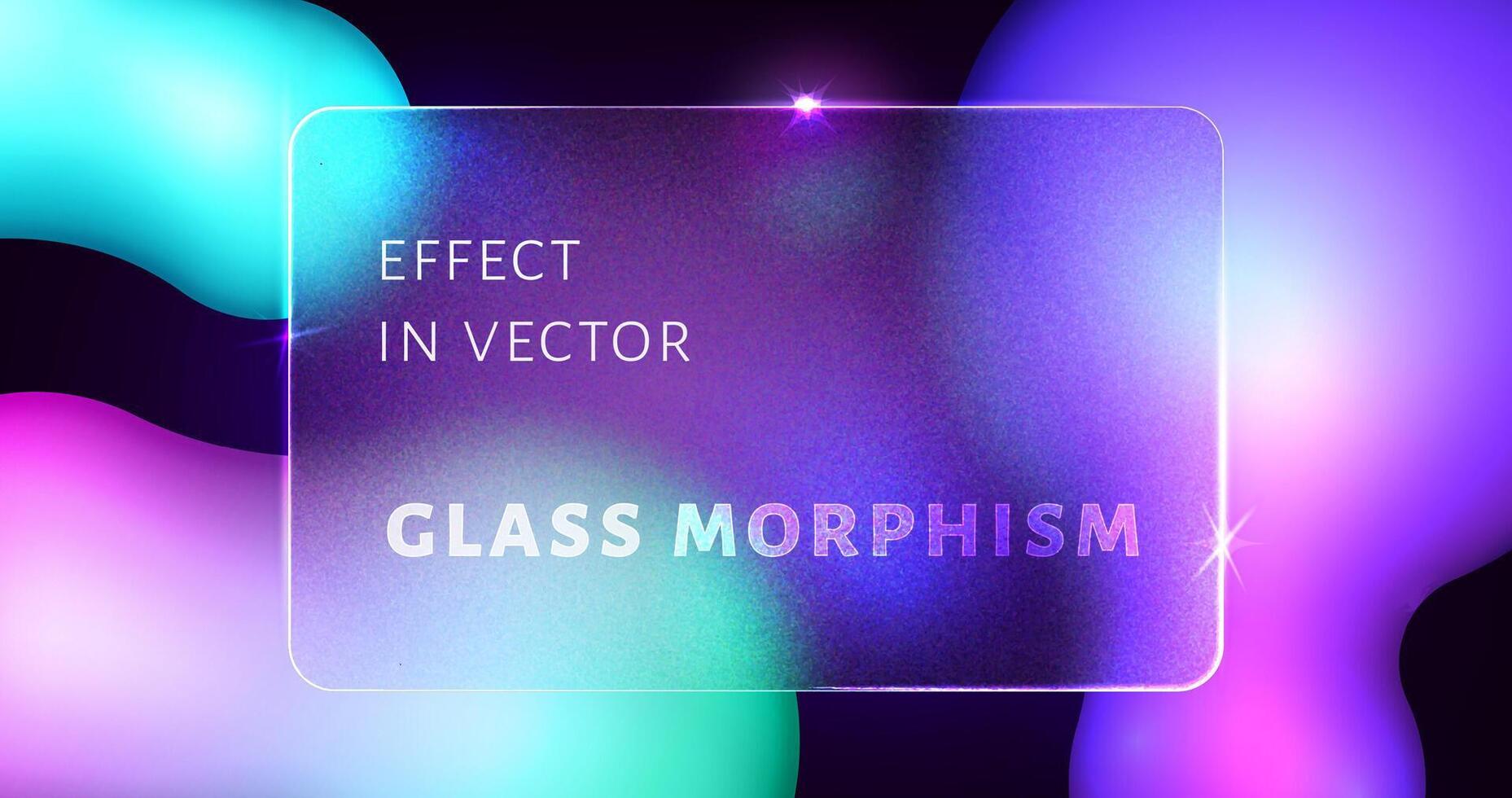 Glassmorphism effect with transparent card or frame on colorful fluid gradient. Glass morphism on neon blur futuristic purple background. Frosted acrylic, plexiglass mate plate rectangle shape. vector