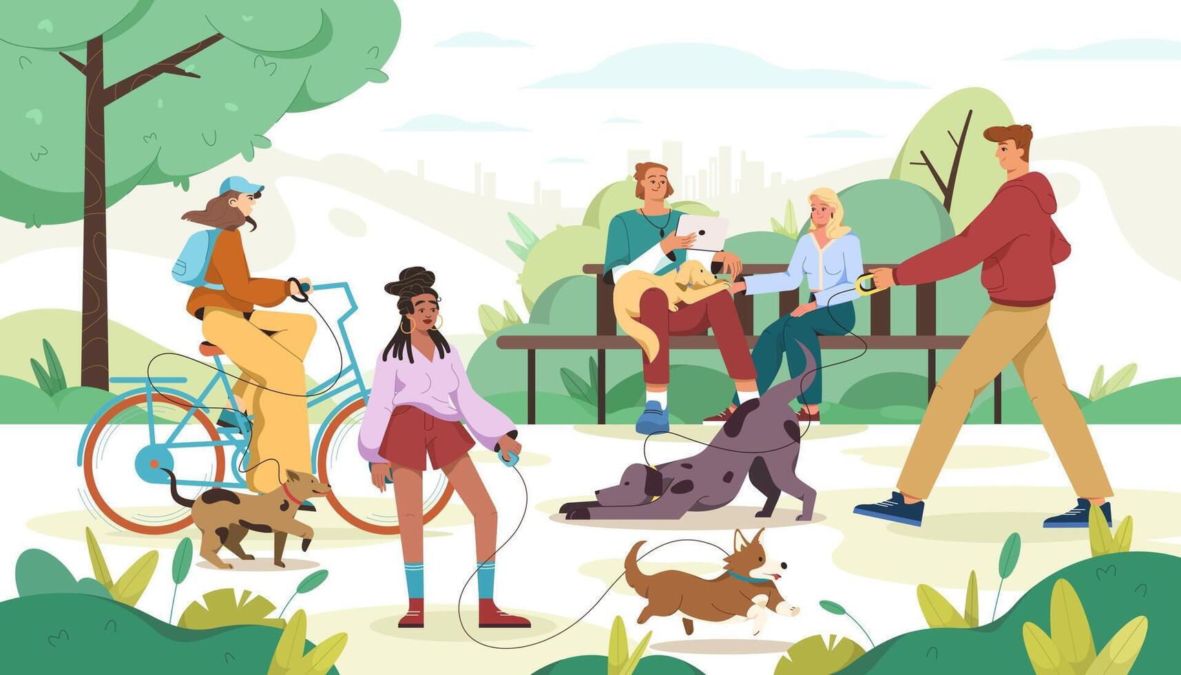 Flat people walk with dog on leash in city park. Pet owners with happy cute domestic animal play in outdoors. Young girl ride a bicycle and couple sitting in bench with puppy and reading using gadget. vector