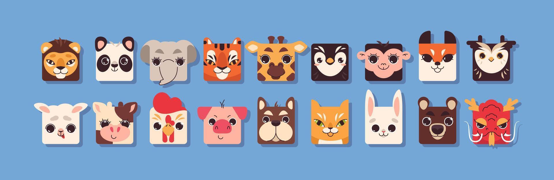 Cute square animal faces in flat style. Funny kids collection head shape of pet, safari and farm animals zoo elements for children. Baby colorful avatars icon set for mobile ui game application. vector