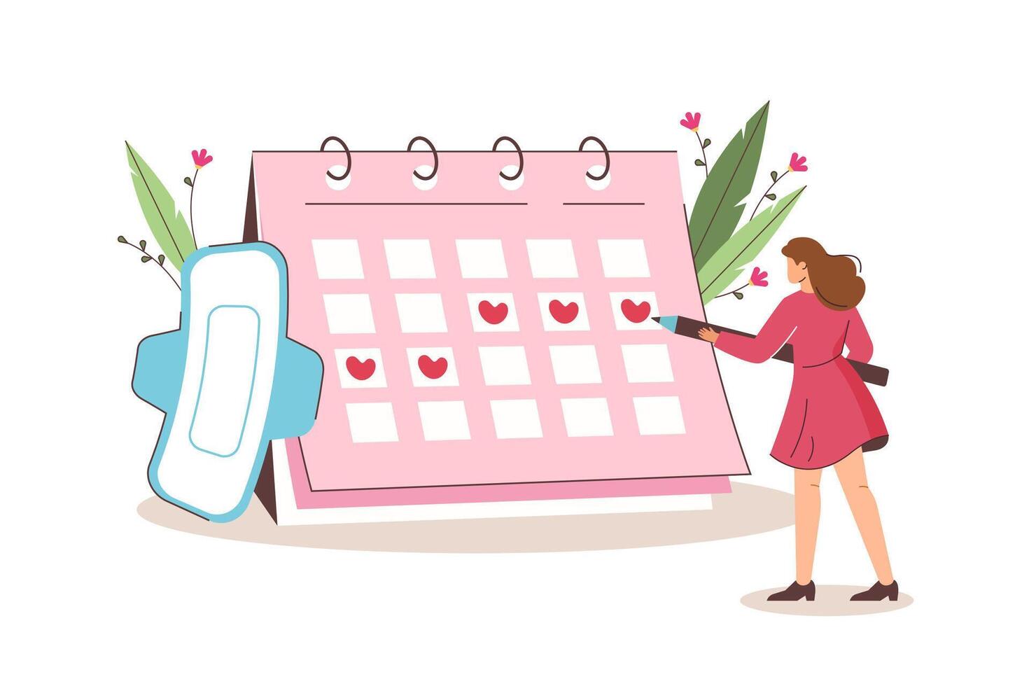 Flat young woman mark date of menstrual periods in calendar. Menstruation cycle control or pregnancy planning. Pms tracker or ovulation day. Concept of women health, prediction of fertile days. vector