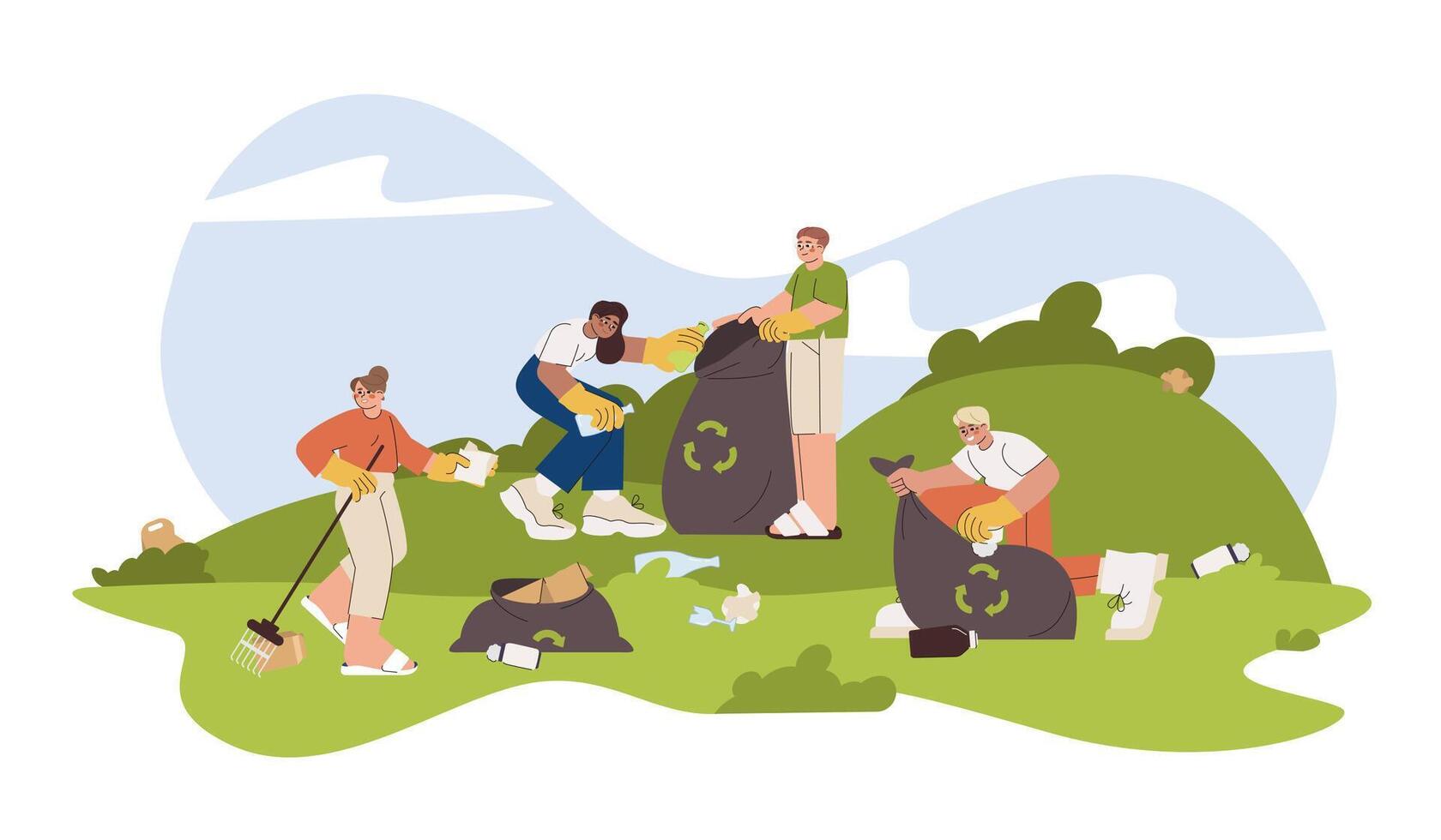Flat volunteers collecting different garbage, pick up rubbish in public park. People with trash bags clean up waste, litter for recycle. Ecology protection, soil pollution, caring for the environment. vector