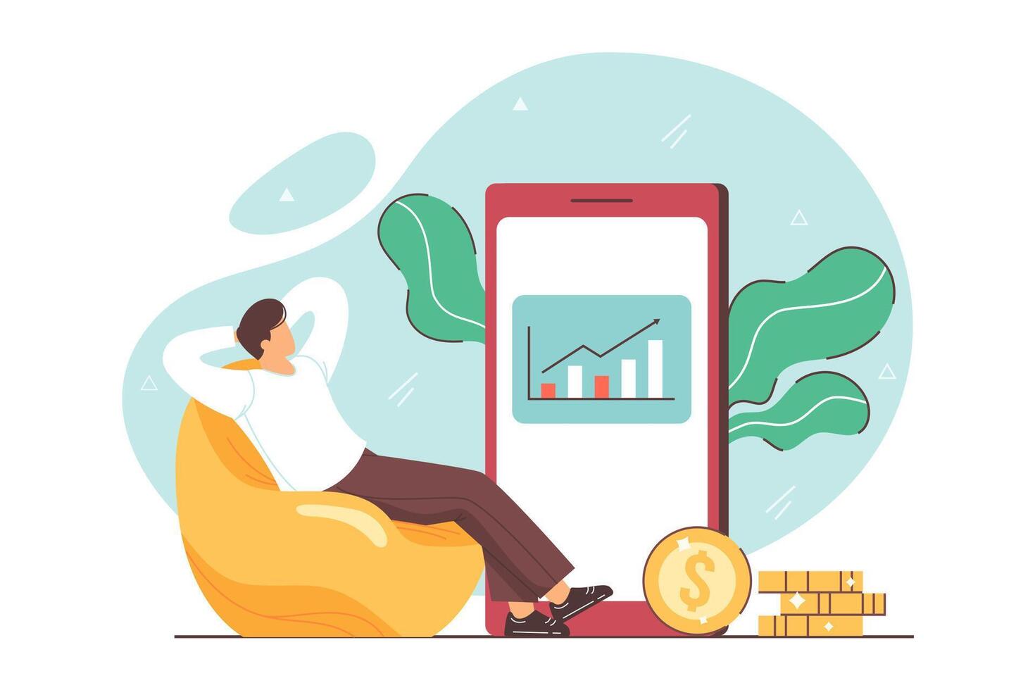 Passive income and market investing flat illustration. Investor man relax in chair and get money profits, stock dividends. Remote freelance work or trading online. Financial freedom concept. vector