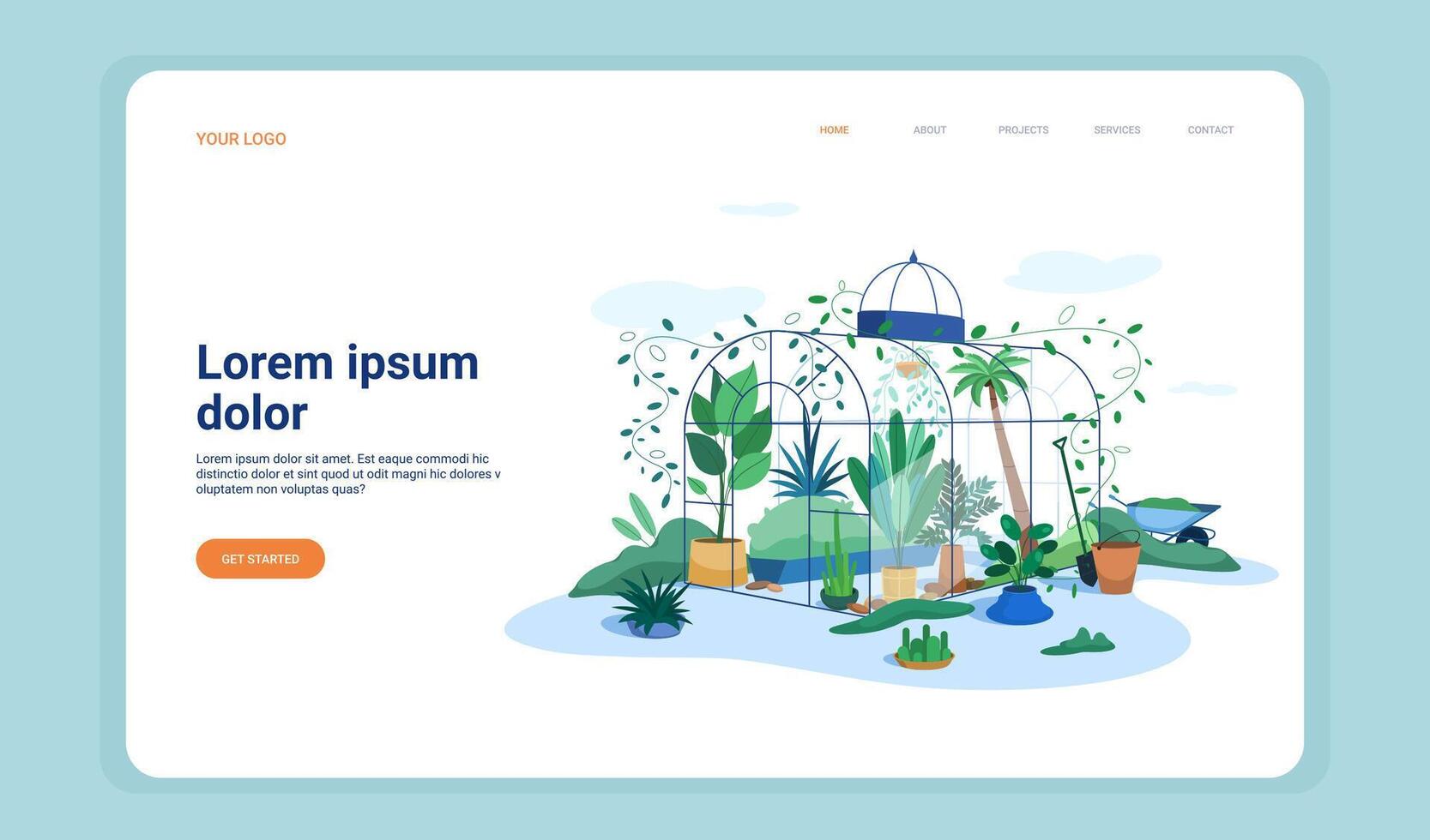 Greenhouse with potted plants and gardening tools flat landing page. Glass orangery with green trees. Hot house or botanical nursery for cultivation and growing garden plant in pots web banner. vector