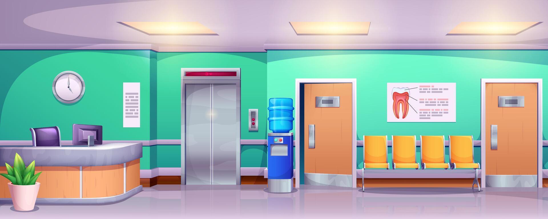 dibujos animados estomatología clínica o hospital. interior de vacío dental salón o esperando habitación con silla, ascensor, recepción y médico oficina puertas diente tratamiento, oral cuidado y dientes higiene concepto. vector