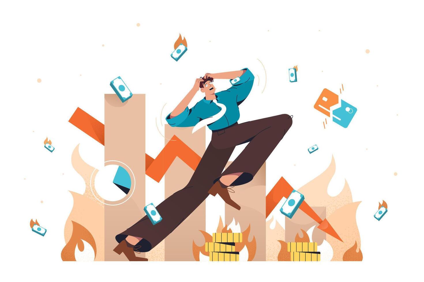 Flat businessman in panic with money problems, bankruptcy and unpaid loan debt. Man losing profits, falling arrow down. Concept of global financial crisis, business failure, economy crash or collapse. vector