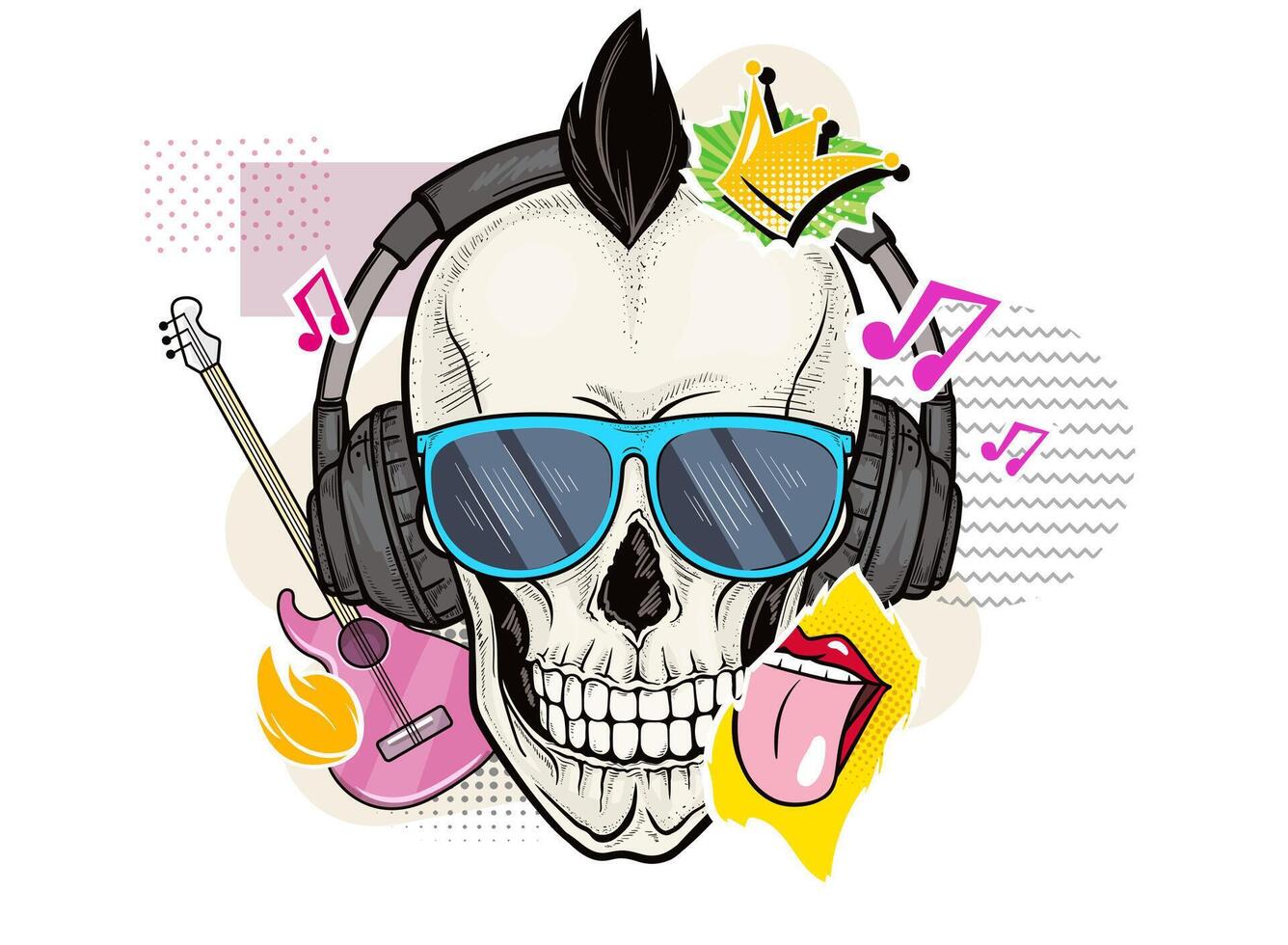 Human gothic skull with sunglasses, headphones and rock music symbol stickers. Pop art hipster skeleton head with guitar, tongue and crown collage elements on white background. vector